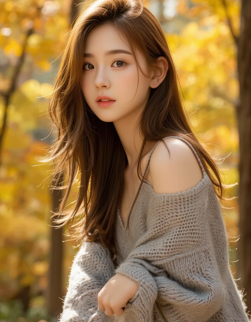 masterpiece, 8k, high resolution, high quality, ultra-detailed, beautiful face, epic lighting, dynamic pose, glowing skin, bokeh, Masterpiece of an autumnal scene: a stunning Korean girl posing dynamically against a warm, golden background. High-resolution details abound, showcasing her breathtakingly beautiful face with glowing, flawless skin. The soft focus of the bokeh effect creates depth and dimensionality, as epic lighting accentuates her features. Ultra-detailed textures bring to life the vibrant foliage and rustic atmosphere, transporting viewers to an idyllic autumnal setting.