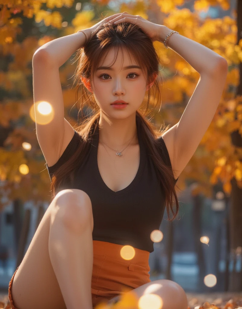 masterpiece, 8k, high resolution, high quality, ultra-detailed, beautiful face, epic lighting, dynamic pose, glowing skin, bokeh, A stunning Korean beauty posing dramatically against a vibrant autumn backdrop, bathed in warm, golden light. Her exquisite features glow with an inner radiance as she stretches out her slender frame, one leg extended and the other bent at the knee. The camera captures every intricate detail of her skin, sparkling like polished jade. In the foreground, delicate bokeh lights dance across her face, emphasizing the masterpiece quality of this 8K, ultra-high-resolution image.