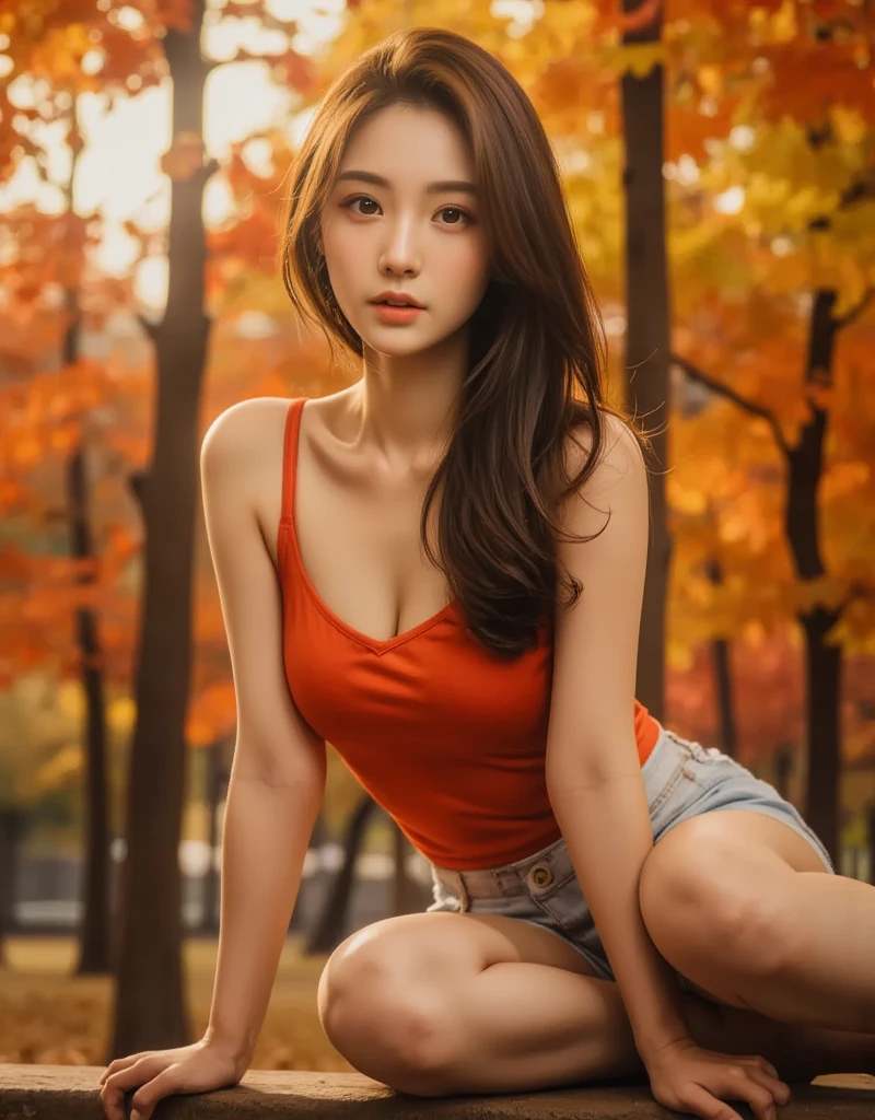 masterpiece, 8k, high resolution, high quality, ultra-detailed, beautiful face, epic lighting, dynamic pose, glowing skin, bokeh, A stunning Korean beauty posing dramatically against a vibrant autumn backdrop, bathed in warm, golden light. Her exquisite features glow with an inner radiance as she stretches out her slender frame, one leg extended and the other bent at the knee. The camera captures every intricate detail of her skin, sparkling like polished jade. In the foreground, delicate bokeh lights dance across her face, emphasizing the masterpiece quality of this 8K, ultra-high-resolution image.