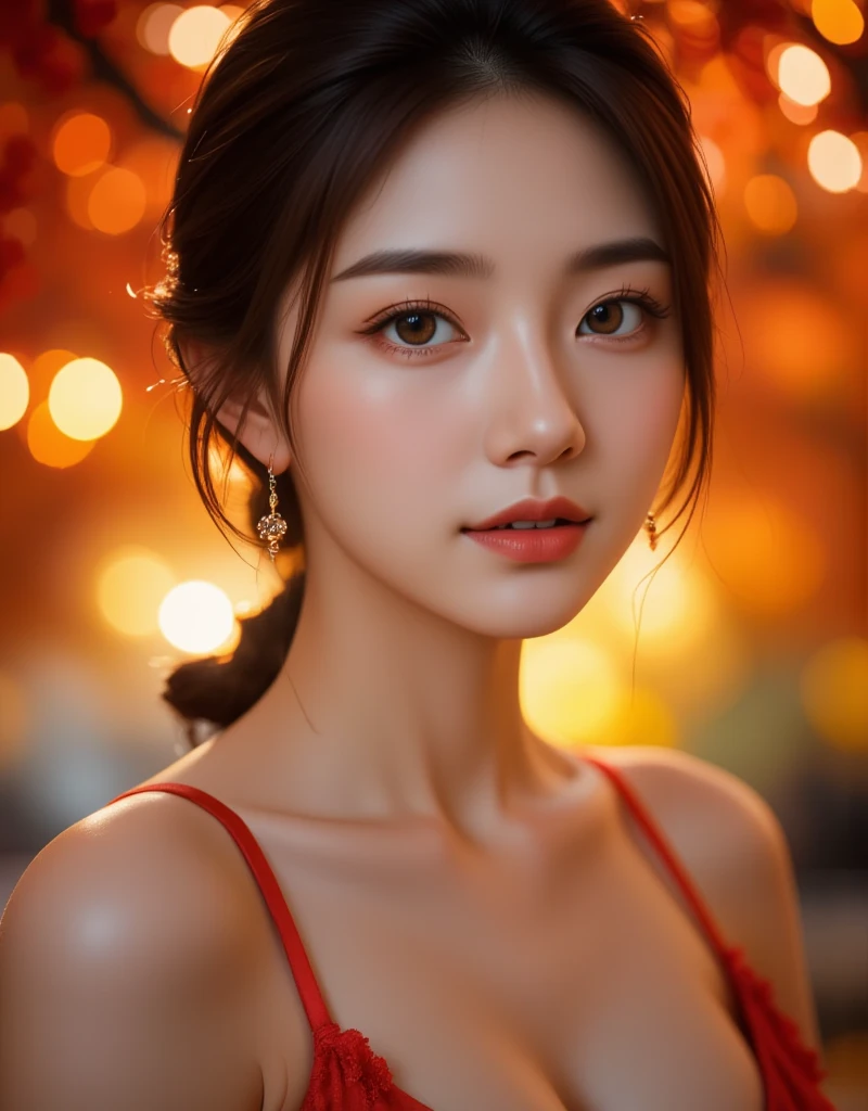 masterpiece, 8k, high resolution, high quality, ultra-detailed, beautiful face, epic lighting, dynamic pose, glowing skin, bokeh, A stunning Korean beauty basks in the warm glow of autumn's golden light. In a majestic, 8K composition, she strikes a powerful pose against a vibrant backdrop of crimson and amber hues. Her radiant, ultra-detailed complexion glows with an inner luminescence, as if kissed by the soft focus of bokeh. Her eyes sparkle like diamonds in the masterfully crafted lighting, which casts a flattering glow on her flawless features. The overall effect is nothing short of breathtaking.