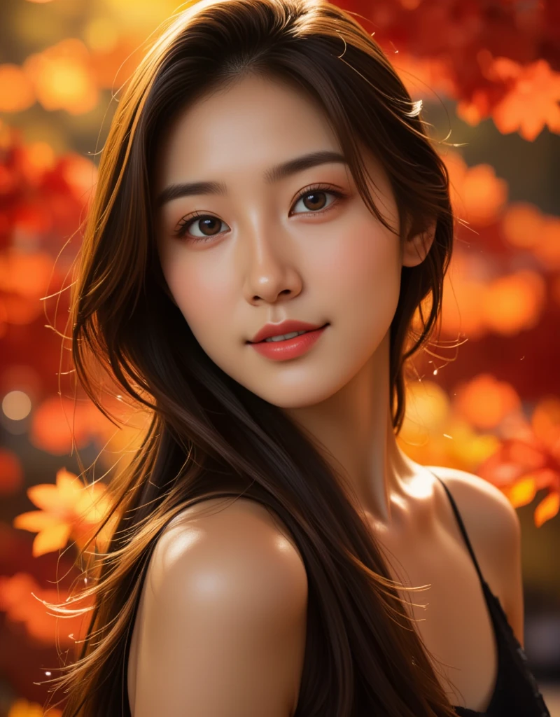 masterpiece, 8k, high resolution, high quality, ultra-detailed, beautiful face, epic lighting, dynamic pose, glowing skin, bokeh, A stunning Korean beauty basks in the warm glow of autumn's golden light. In a majestic, 8K composition, she strikes a powerful pose against a vibrant backdrop of crimson and amber hues. Her radiant, ultra-detailed complexion glows with an inner luminescence, as if kissed by the soft focus of bokeh. Her eyes sparkle like diamonds in the masterfully crafted lighting, which casts a flattering glow on her flawless features. The overall effect is nothing short of breathtaking.