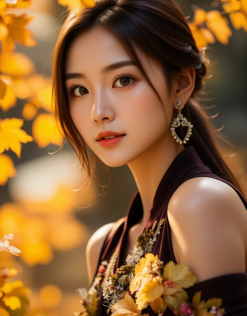 masterpiece, 8k, high resolution, high quality, ultra-detailed, beautiful face, epic lighting, dynamic pose, glowing skin, bokeh, Masterpiece of an autumnal scene: a stunning Korean girl posing dynamically against a warm, golden background. High-resolution details abound, showcasing her breathtakingly beautiful face with glowing, flawless skin. The soft focus of the bokeh effect creates depth and dimensionality, as epic lighting accentuates her features. Ultra-detailed textures bring to life the vibrant foliage and rustic atmosphere, transporting viewers to an idyllic autumnal setting.