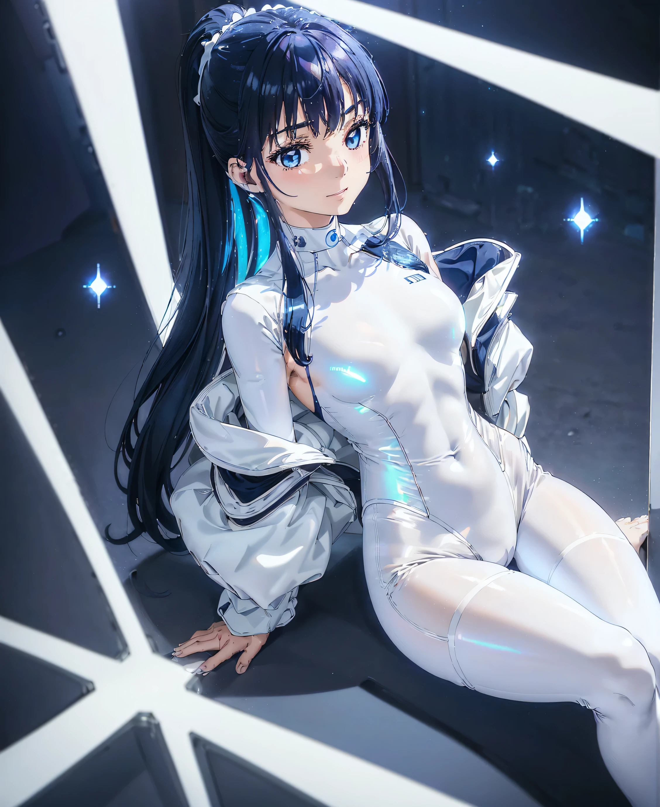 ((Holographic glow effect)),(masterpiece、Best Quality、Highest Resolution、Clear_image、Detailed details、The angle is from above): (solo、A girl alone、Japanese Faces、High knot ponytail、Dark blue hair girl、Small breasts、（Perfect body：1.4）、Sparkling blue eyes、(White and navy blue zero suit、White and navy bodysuit、White and navy tight-fitting clothing、Wear full white and navy blue cover、White and navy thigh-covering pants、White and navy shoulder cover outfit、White and navy cropped jacket、White and navy shiny clothes、Navy blue tight-fitting pants that hide the legs、Clothing that doesn&#39;t attract skin、Clothes that hide the skin、Armor to hide the chest)、Very delicate and beautiful、Detailed Skin、Slim body、Exoskeleton、Cute、A gentle smile、Soft expression、heroine、White and navy blue long boots、Elbow-length gloves)、Mscockpit,cockpit,Fantasy,ROMANCE,action,SCIENCE FICTION,TEEROR,COMICS,NFWS,hero,Mecha,Mechanical,mechanical body,Cartoon,Polished floor