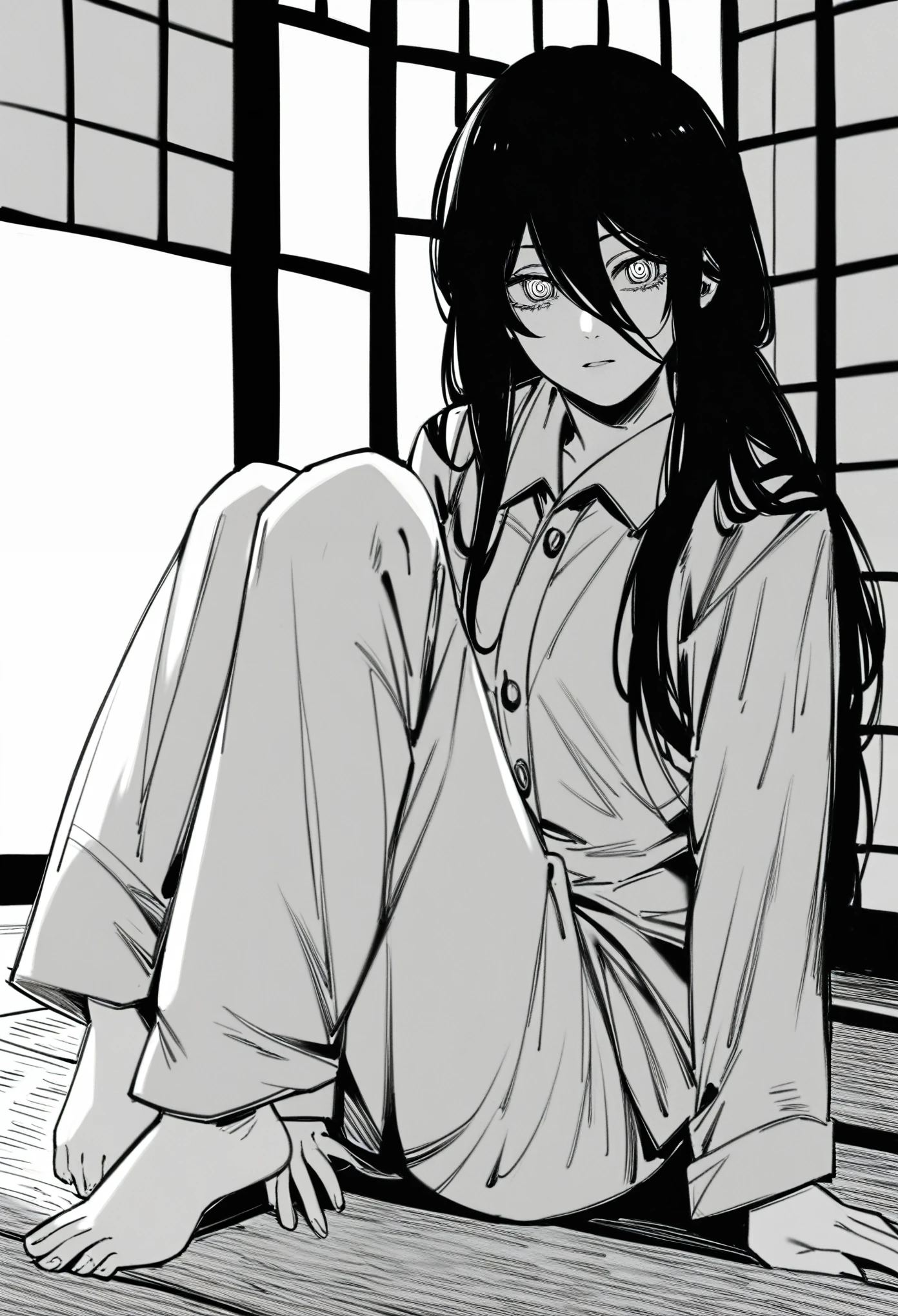 score_9, Score_8_up, Score_7,detailed,
greyscale, monochrome, , hirune  style, 1girl, nayuta csm, black hair, ringed eyes, long hair, hair between eyes, monochrome, sitting, on floor, tatami, indoors, pajamas, looking at viewer,