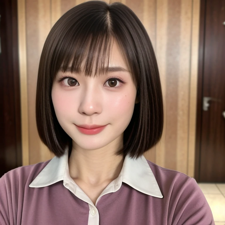 NSFW, (kawaii 24 year-old Japanese girl, Nogizaka idol, Korean idol), healthy female athlete body, (glossy brown hair, very short hair, pixie cut, bangs:1.3), (rounded face, beautiful black eyes, single eyelid, no makeup:1.2), (seductive smile, looking at camera), (wearing open collared shirt:1.3), (well shaped extra small breasts), narrow shoulders, (pencil skirt, pantyhose, highheels:0.9), BREAK, (hotel lobby background:1.3), (dynamic angle, close shot, face focus:1.3), BREAK, (masterpiece, best quality, photo realistic, official art:1.4), (UHD, 8K quality wallpaper, high resolution, raw photo, golden ratio:1.3), (shiny skin), professional lighting, physically based rendering, award winning, (highly detailed skin, extremely detailed face and eyes, anatomically correct body parts), Carl Zeiss 85 mm F/1.4, depth of field, 1girl, solo,