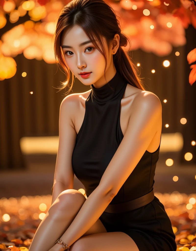 masterpiece, 8k, high resolution, high quality, ultra-detailed, beautiful face, epic lighting, dynamic pose, glowing skin, bokeh, A stunning Korean beauty posing dramatically against a vibrant autumn backdrop, bathed in warm, golden light. Her exquisite features glow with an inner radiance as she stretches out her slender frame, one leg extended and the other bent at the knee. The camera captures every intricate detail of her skin, sparkling like polished jade. In the foreground, delicate bokeh lights dance across her face, emphasizing the masterpiece quality of this 8K, ultra-high-resolution image.