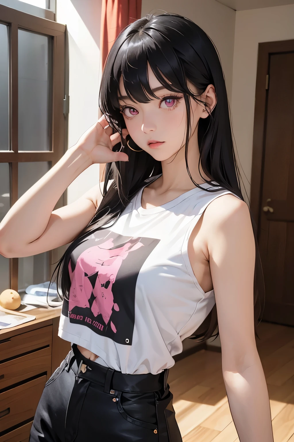 20 year old woman, sleeveless, bangs, black hair, very long straight hair, high quality, masterpiece, pink eyes, t-shirt, Looking at viewer, inside the house