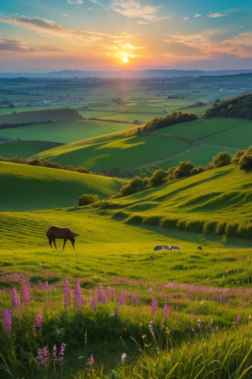 (On the ancient road,The west wind blows,A skinny horse walks leisurely。The setting sun shines on the stone road,variegated。Wildflowers swaying in the wind,Bring vitality。Birds flying across the sky,Melodious sound。here,It is a peaceful and healing landscape。