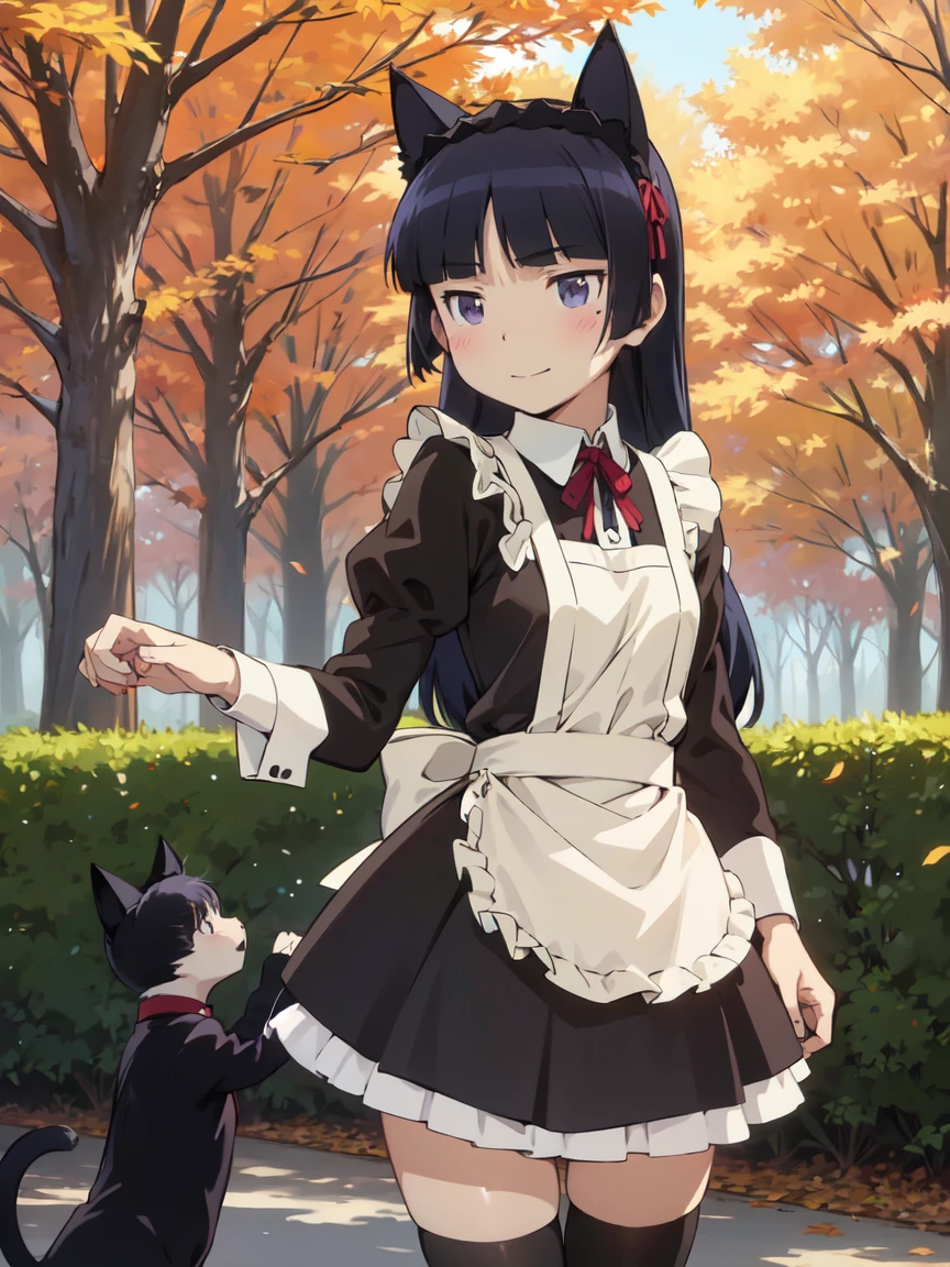 秋のautumn leavesと女性の風景, (ruri gokou), 1 female, Alone, Black Hair, Hime cut, Long Hair, autumn leaves, Autumn forest, A gentle smile, Hair blowing in the wind, Orange and red trees々, Calm atmosphere, soft light, , ((Maid uniform, Cat ears)), stockings, Black Tail, (apronスカート), Midi Skirt, stockings, apron, frills, ribbon, color, cuffs,