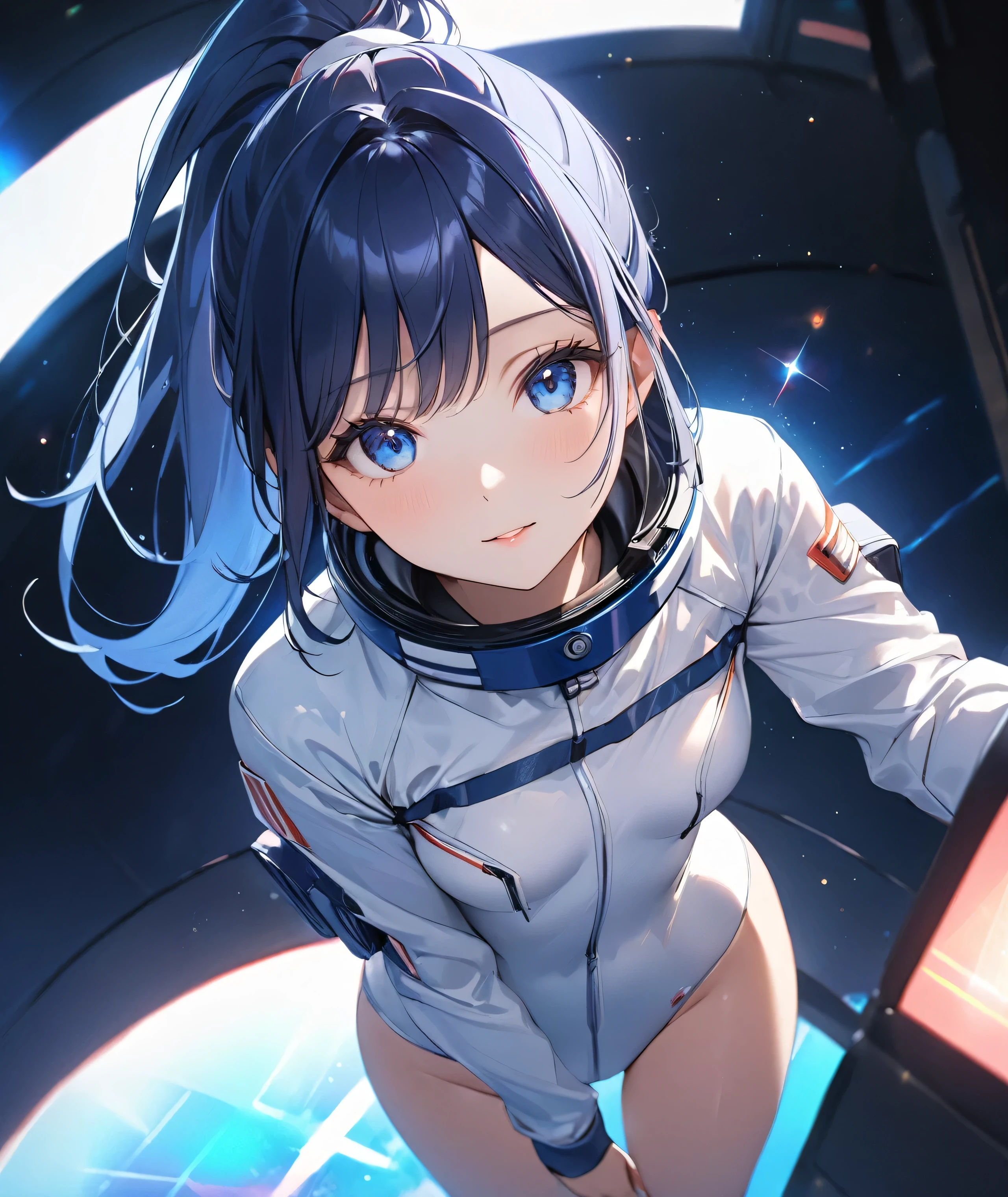 (Holographic glow effect,masterpiece、Best Quality、Highest Resolution、Clear_image、Detailed details、The angle is from above): (whole body,solo、A girl alone、Japanese Faces、High knot ponytail、Dark blue hair girl、Small breasts、（Perfect body：1.4）、Sparkling blue eyes、(White and navy blue pilot suit、Wear full white and navy blue cover、White and navy thigh-covering pants、White and navy shoulder cover outfit、White and navy cropped jacket、White and navy shiny clothes、Navy blue tight-fitting pants that hide the legs、Clothing that doesn&#39;t attract skin、Clothes that hide the skin、Armor to hide the chest、White and navy blue long boots、White and navy elbow-length gloves、White and navy gloves)、Very delicate and beautiful、Detailed Skin、Slim body、Exoskeleton、Cute、A gentle smile、Soft expression、heroine),Polished floor,helmet、Light vortex、Water Vortex、Wind Vortex