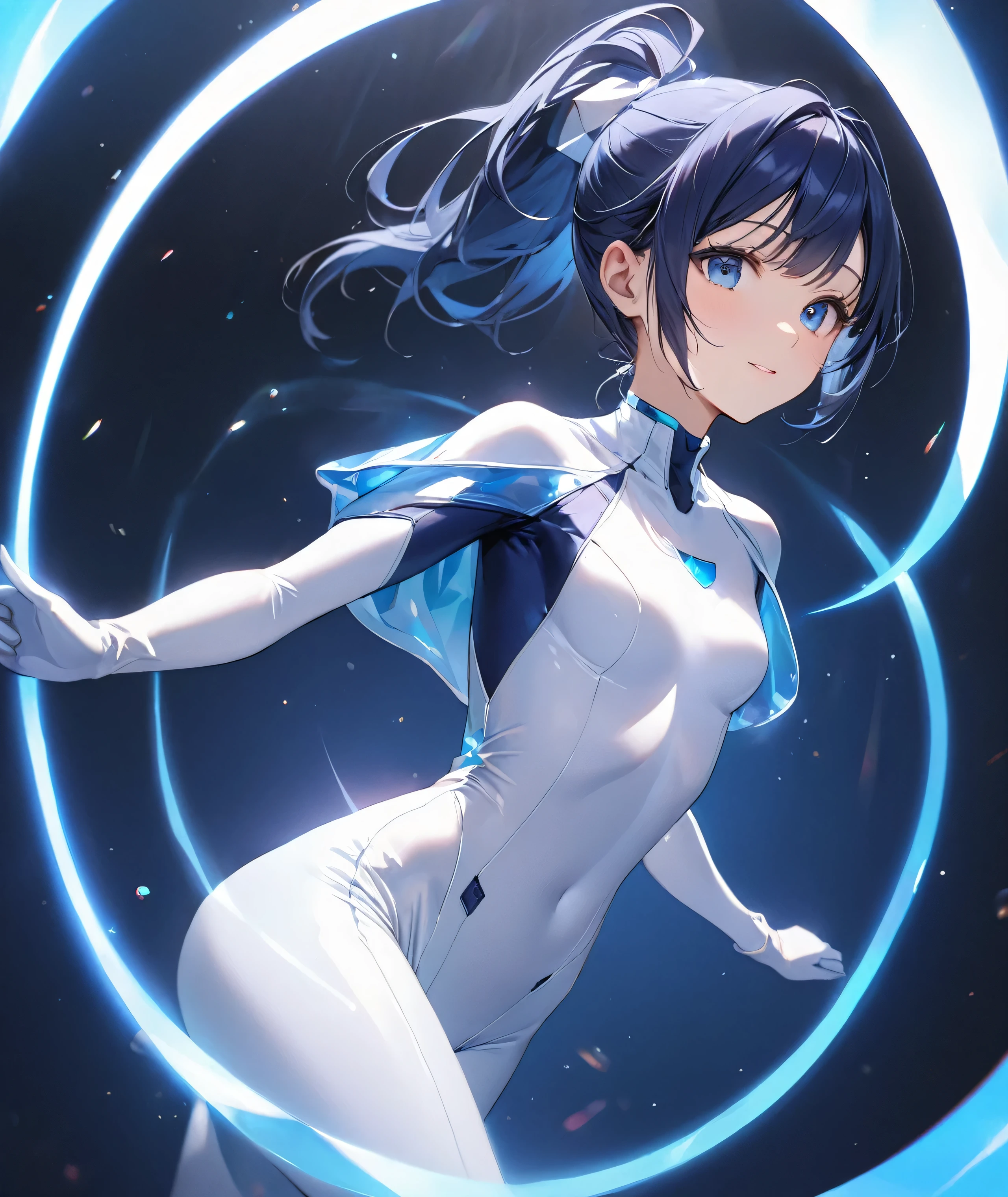 ((Holographic glow effect)),(masterpiece、Best Quality、Highest Resolution、Clear_image、Detailed details、The angle is from above): (solo、A girl alone、Japanese Faces、High knot ponytail、Dark blue hair girl、Small breasts、（Perfect body：1.4）、Sparkling blue eyes、(White and navy blue zero suit、White and navy bodysuit、White and navy tight-fitting clothing、Wear full white and navy blue cover、White and navy thigh-covering pants、White and navy shoulder cover outfit、White and navy cropped jacket、White and navy shiny clothes、Navy blue tight-fitting pants that hide the legs、Clothing that doesn&#39;t attract skin、Clothes that hide the skin、Armor to hide the chest)、Very delicate and beautiful、Detailed Skin、Slim body、Exoskeleton、Cute、A gentle smile、Soft expression、heroine、White and navy blue long boots、Elbow-length gloves)、Mscockpit,cockpit,Fantasy,ROMANCE,action,SCIENCE FICTION,TEEROR,COMICS,NFWS,hero,Mecha,Mechanical,mechanical body,Cartoon,Polished floor