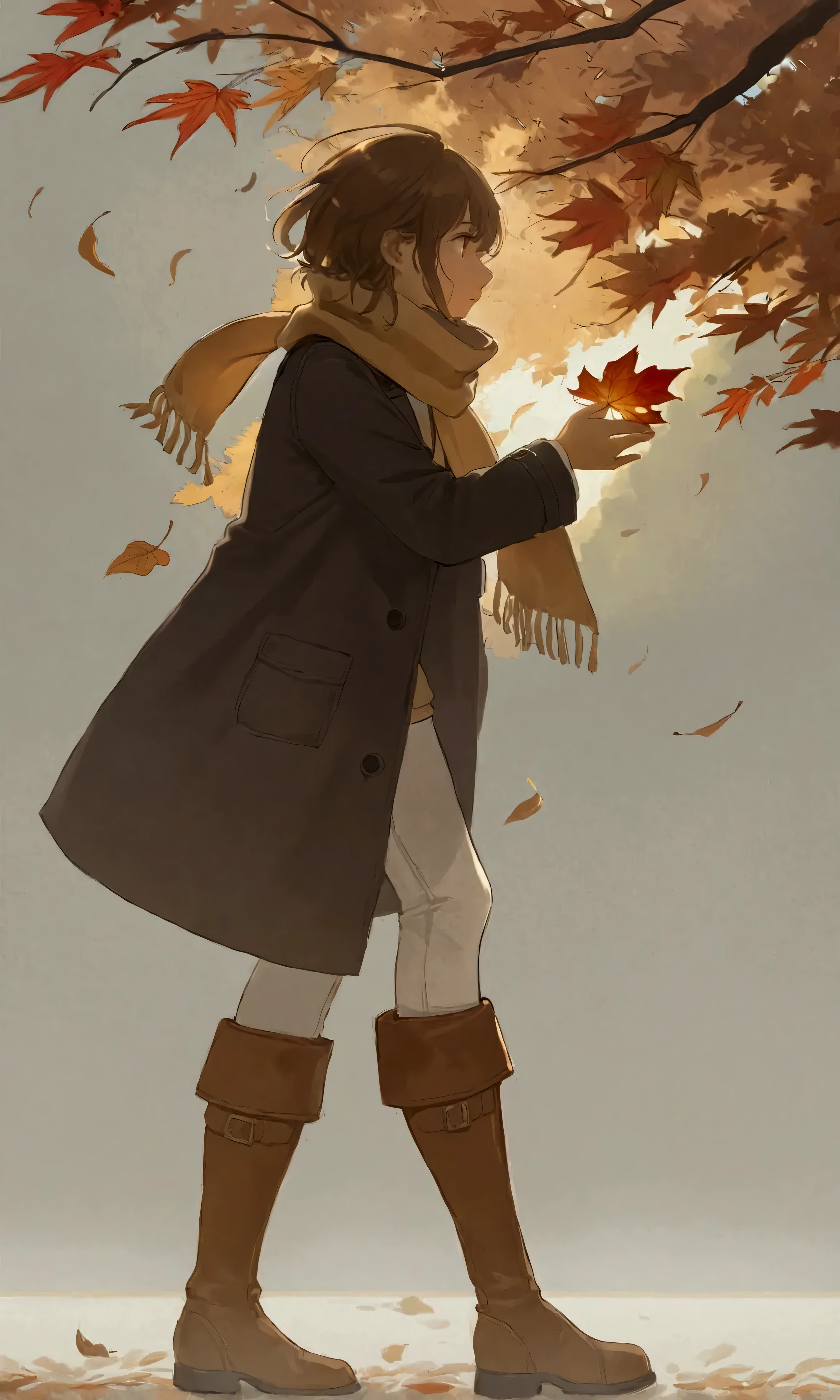 (autumn colored soft layer),(solo),1girl\(long brown hair, cute, autumnal attire, scarf, coat, boots, pinching leaves\(which are shining golden through the sunlight),full body,looking away\\),(from side:1.5), long shot, (simple minimalism white background:1.5), BREAK ,quality\(masterpiece, best quality,8k,wallpaper of extremely detailed CG unit, high resolution, top-quality, top-quality real texture skin, hyper realistic, increase the resolution, RAW photos, best quality, highly detailed, the wallpaper,golden ratio,high saturation realism, vibrant colors, dramatic lighting, persuasive storytelling, atmospheric scenery, captivating visuals, intricate details, strong emotions,dreamlike world\),