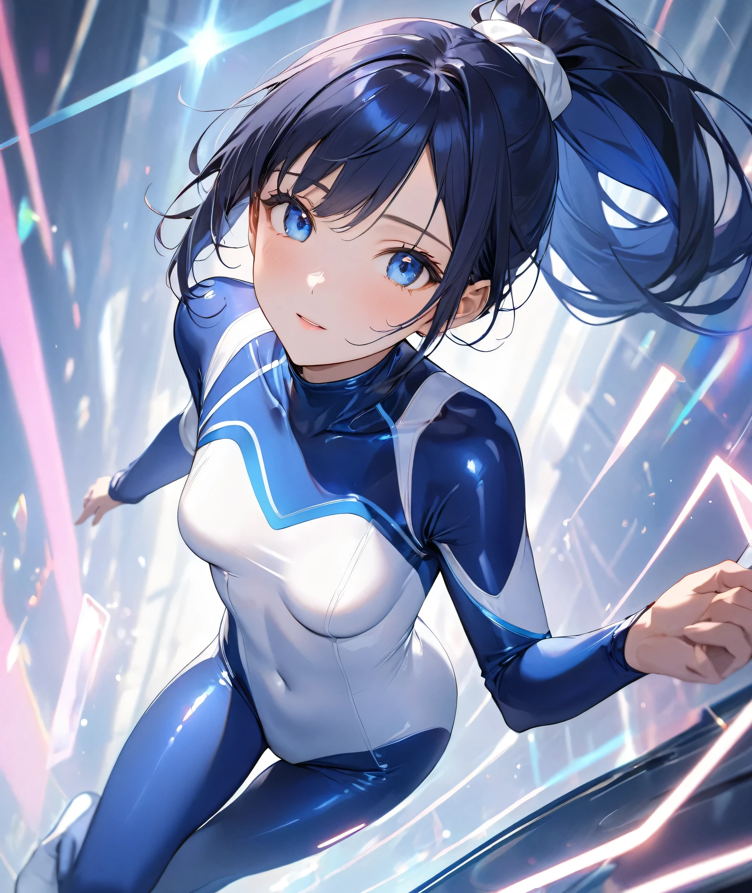 ((Holographic glow effect)),(masterpiece、Best Quality、Highest Resolution、Clear_image、Detailed details、The angle is from above): (solo、A girl alone、Japanese Faces、High knot ponytail、Dark blue hair girl、Small breasts、(Perfect body:1.4)、Sparkling blue eyes、(White and navy blue zero suit、White and navy bodysuit、White and navy tight-fitting clothing、Wear full white and navy blue cover、White and navy thigh-covering pants、White and navy shoulder cover outfit、White and navy cropped jacket、White and navy shiny clothes、Navy blue tight-fitting pants that hide the legs、Clothing that doesn't attract skin、Clothes that hide the skin、Armor to hide the chest)、Very delicate and beautiful、Detailed Skin、Slim body、Exoskeleton、Cute、A gentle smile、Soft expression、heroine、White and navy blue long boots、Elbow-length gloves)、Mscockpit,cockpit,Fantasy,ROMANCE,action,SCIENCE FICTION,TEEROR,COMICS,NFWS,hero,Mecha,Mechanical,mechanical body,Cartoon,Polished floor