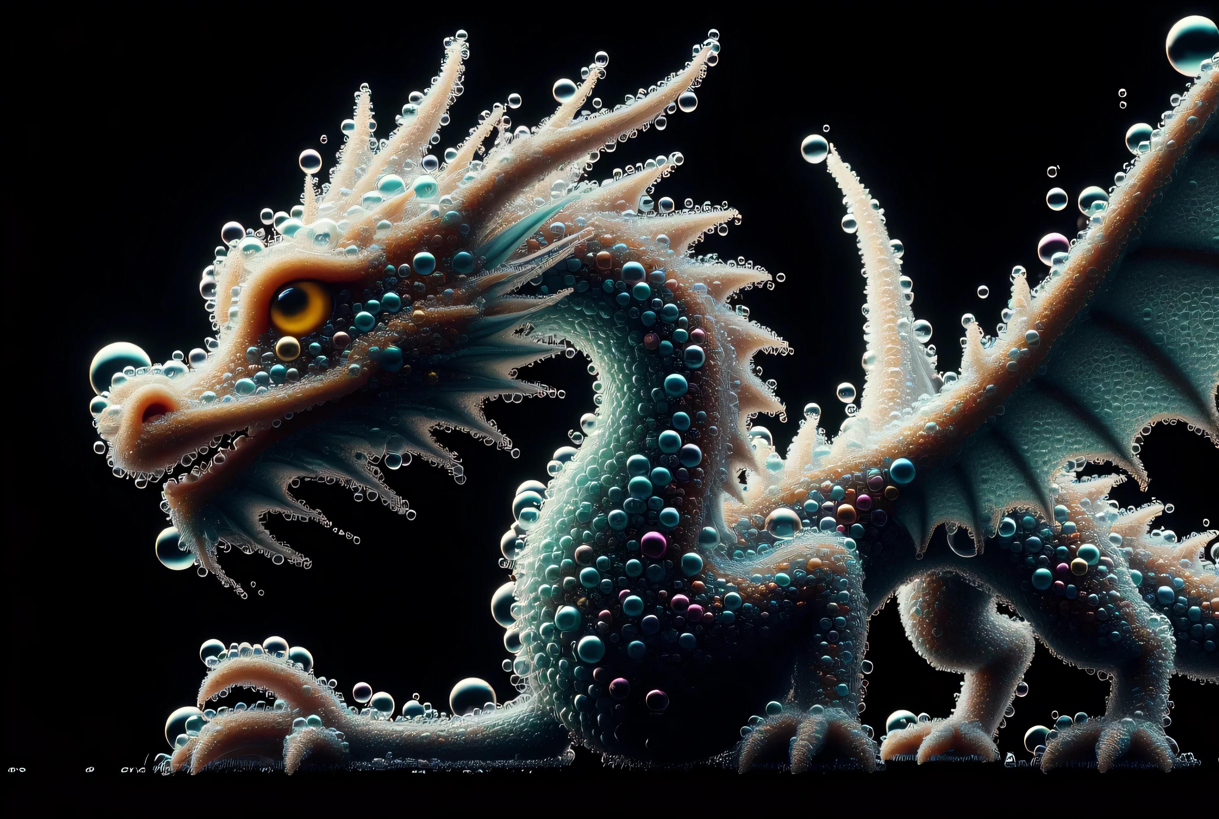 A highly detailed digital artwork featuring a fantastical, dragon-like creature set against a pitch-black background. 