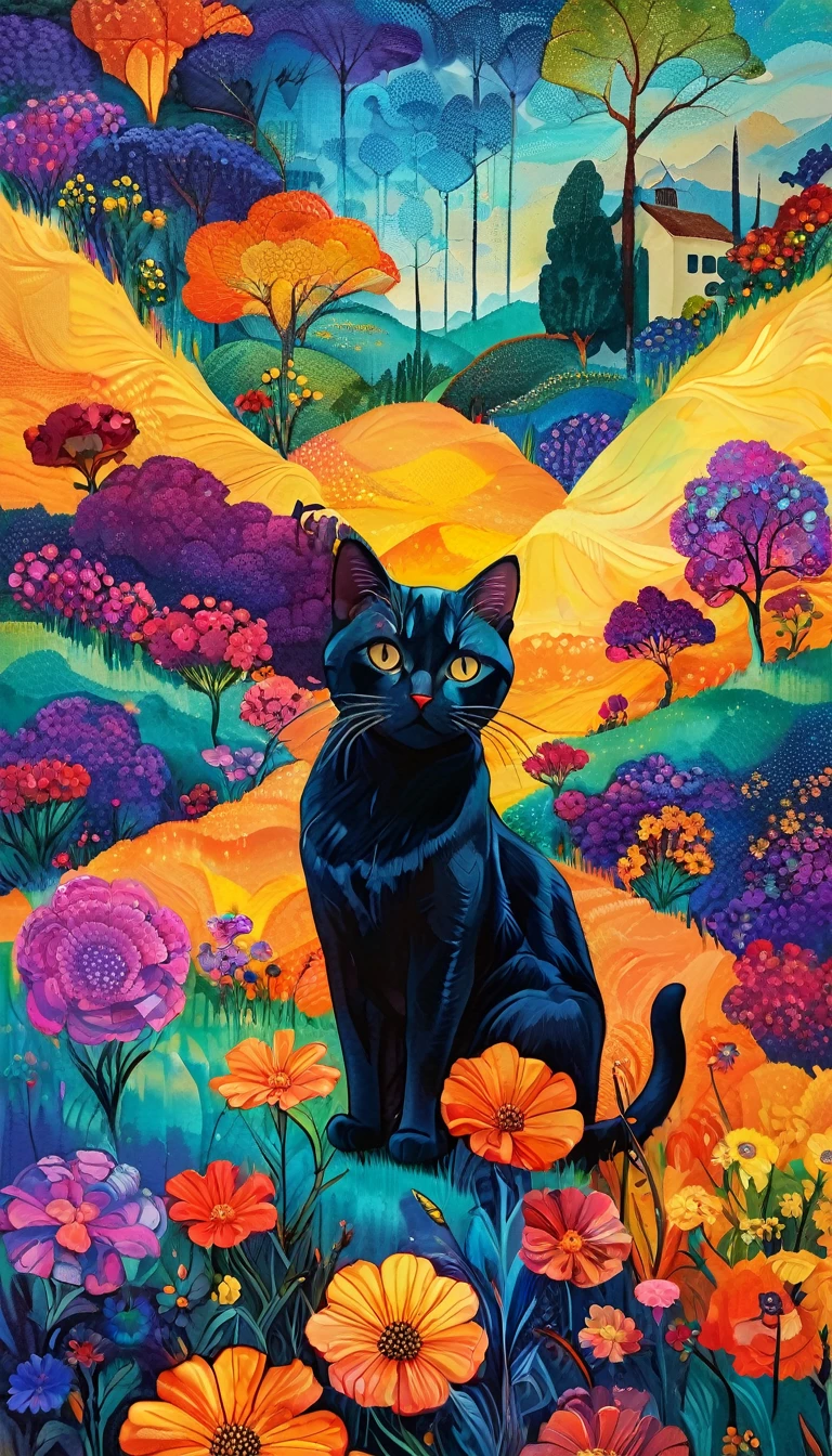 Masterpiece, best composition, dynamic composition, colorful landscape painting, cat on lawn, psychedelic landscape, vivid oil painting, vivid abstract landscape, color field painting. 8K, stunning colorful landscape, detailed impasto, colorful oil painting, psychedelic park, colorful sky, large colorful image.