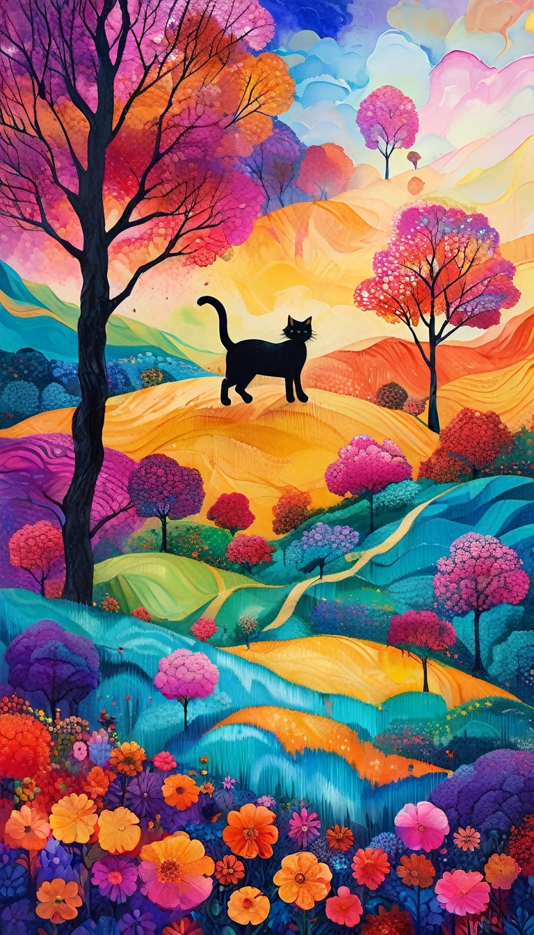 Masterpiece, best composition, dynamic composition, colorful landscape painting, cat on lawn, psychedelic landscape, vivid oil painting, vivid abstract landscape, color field painting. 8K, stunning colorful landscape, detailed impasto, colorful oil painting, psychedelic park, colorful sky, large colorful image.