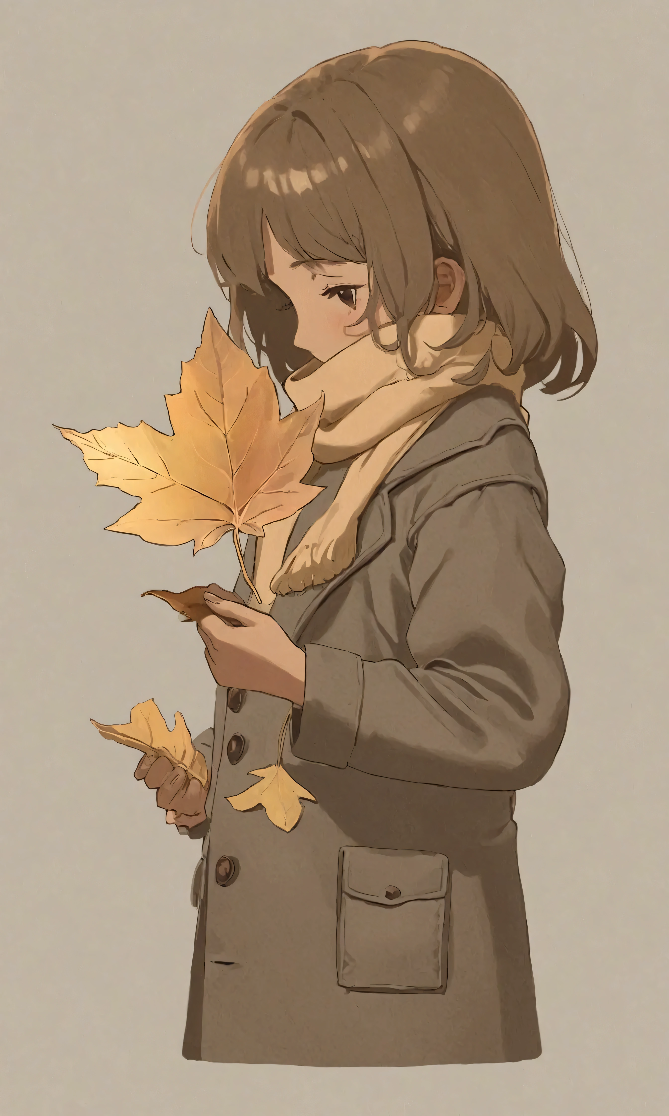 (autumn colored soft layer),(solo),1girl\(long brown hair, cute, autumnal attire, scarf, coat, boots, pinching leaves\(which are shining golden through the sunlight),full body,looking away\\),(from side:1.5), long shot, (simple minimalism white background:1.5), BREAK ,quality\(masterpiece, best quality,8k,wallpaper of extremely detailed CG unit, high resolution, top-quality, top-quality real texture skin, hyper realistic, increase the resolution, RAW photos, best quality, highly detailed, the wallpaper,golden ratio,high saturation realism, vibrant colors, dramatic lighting, persuasive storytelling, atmospheric scenery, captivating visuals, intricate details, strong emotions,dreamlike world\),