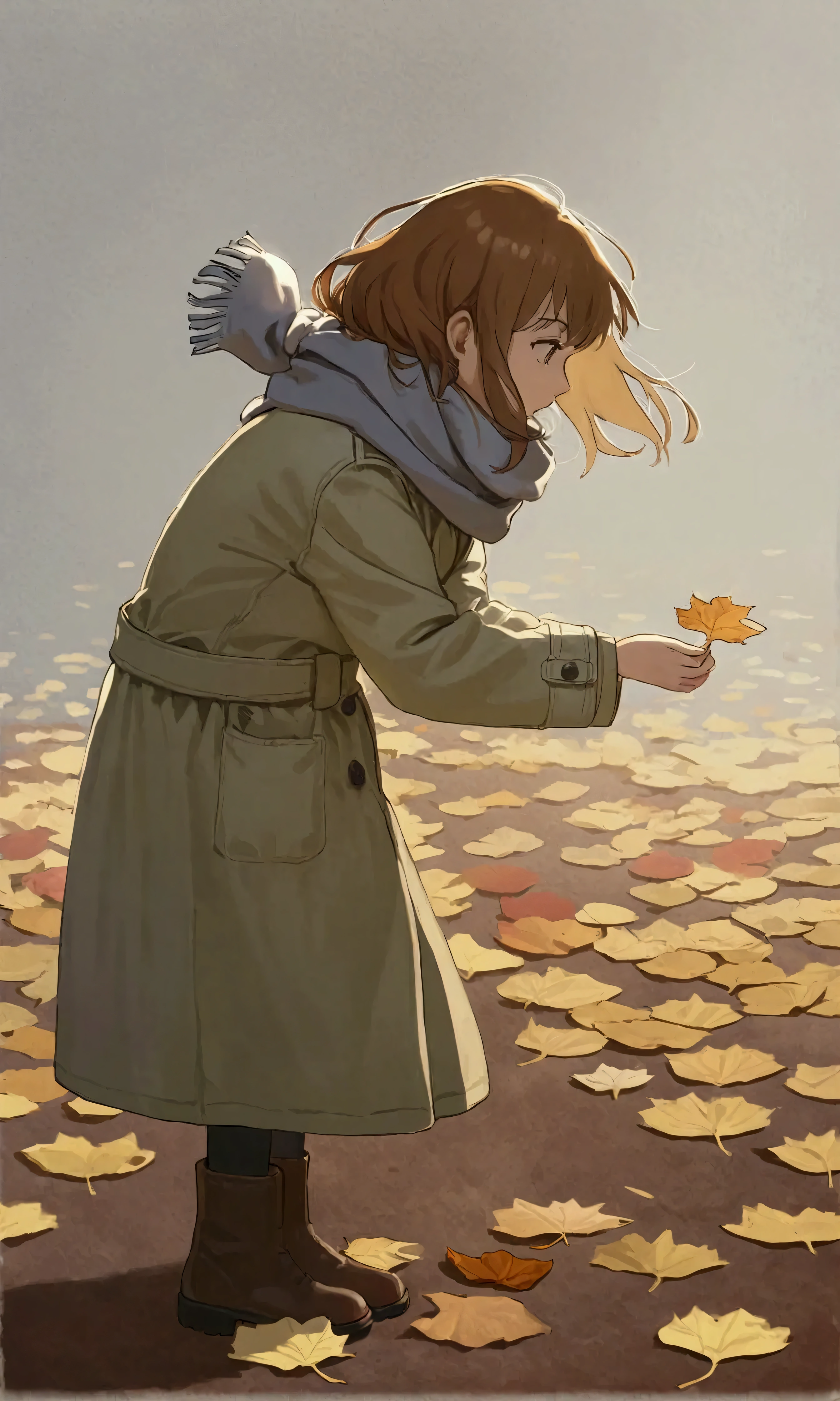 (autumn colored soft layer),(solo),1girl\(long brown hair, cute, autumnal attire, scarf, coat, boots, pinching leaves\(which are shining golden through the sunlight),full body,looking away\\),(from side:1.5), long shot, (simple minimalism white background:1.5), BREAK ,quality\(masterpiece, best quality,8k,wallpaper of extremely detailed CG unit, high resolution, top-quality, top-quality real texture skin, hyper realistic, increase the resolution, RAW photos, best quality, highly detailed, the wallpaper,golden ratio,high saturation realism, vibrant colors, dramatic lighting, persuasive storytelling, atmospheric scenery, captivating visuals, intricate details, strong emotions,dreamlike world\),