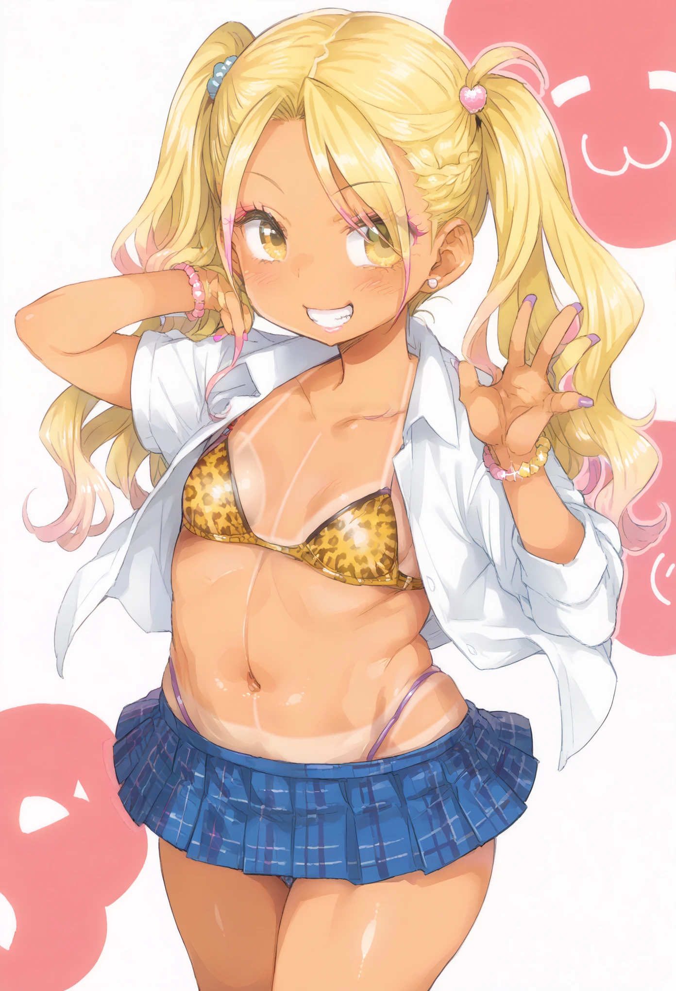 ((sexy girl, gyaru, 1girl, solo)), bimbo, nsfw, lewd, cute, ero, ecchi, dim body, little, s, 10yo, grin, suggestive, big eyes, 
blushing, flushed face, yellow eyes, two side up blonde hair, tan lines, small breasts, 
(skimpy clothing), blue short skirt, highleg panties, see-trough white shirt, leopard print bra, gyaru clothes,
Score_9,Score_8,score_7_up,source_anime, rating_questionable, best quality, masterpiece, detailed, 2d, flat color, 