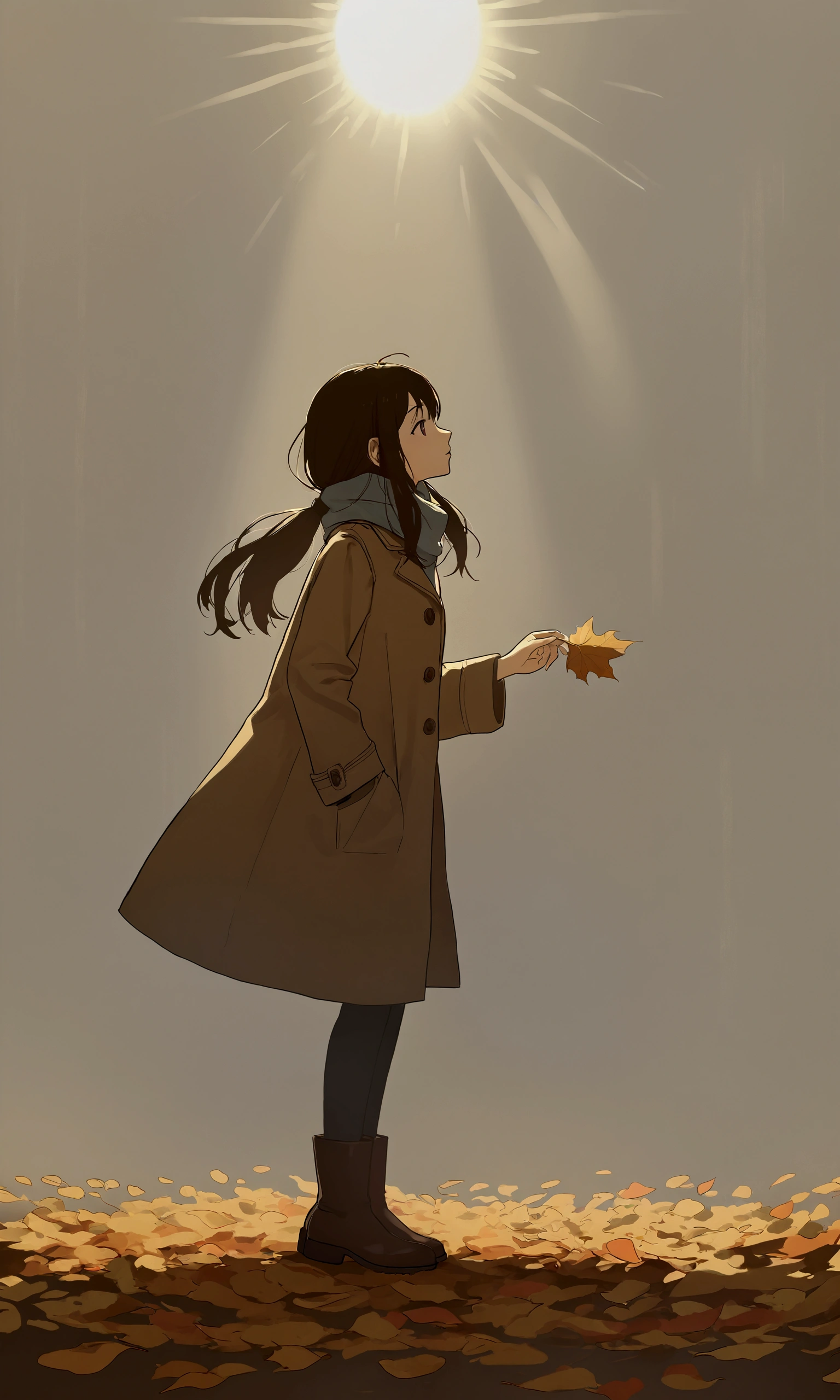 (autumn colored soft layer),(solo),1girl\(long brown hair, cute, autumnal attire, scarf, coat, boots, pinching leaves\(which are shining golden through the sunlight),full body,looking away\\),(from side:1.5), long shot, (simple minimalism white background:1.5), BREAK ,quality\(masterpiece, best quality,8k,wallpaper of extremely detailed CG unit, high resolution, top-quality, top-quality real texture skin, hyper realistic, increase the resolution, RAW photos, best quality, highly detailed, the wallpaper,golden ratio,high saturation realism, vibrant colors, dramatic lighting, persuasive storytelling, atmospheric scenery, captivating visuals, intricate details, strong emotions,dreamlike world\),