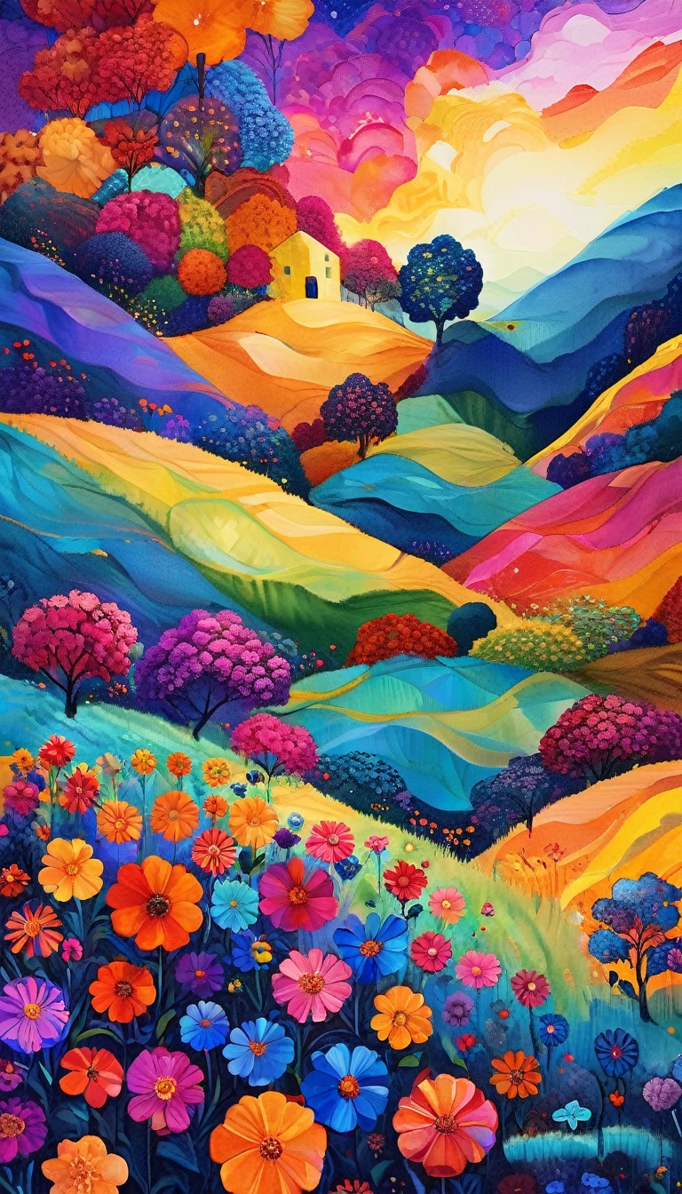 Masterpiece, best composition, dynamic composition, colorful landscape painting, cat on lawn, psychedelic landscape, vivid oil painting, vivid abstract landscape, color field painting. 8K, stunning colorful landscape, detailed impasto, colorful oil painting, psychedelic park, colorful sky, large colorful image.