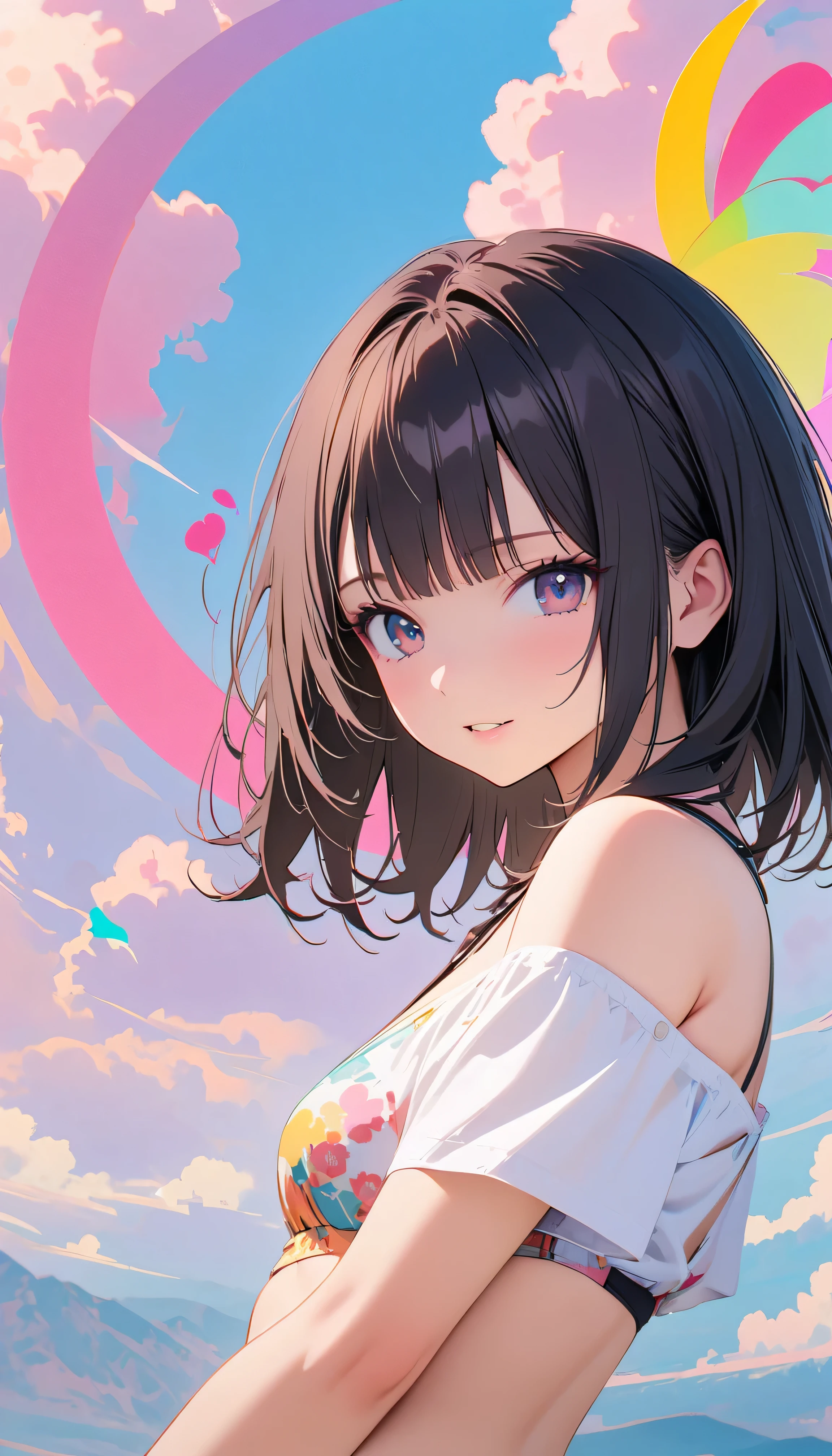 Best Quality, Very detailed, High resolution, Vibrant, masterpiece, Best Quality, Best aesthetics, One Woman, Super Fine, 8k, Very detailed, Beautiful Goddess, Pastel colored clouds, Pop Art, Delicate and dynamic, Pastel Color Fantasy, Black Hair, official art, Dynamic Angle, Small breasts