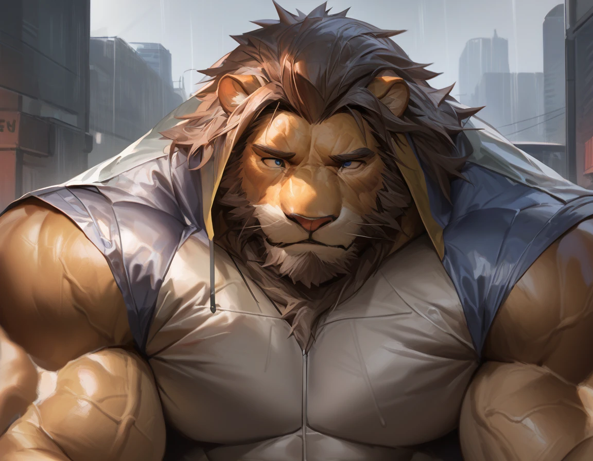 by_lindong, digital art, masterpiece, solo, 1boy, 1man, Huge muscular lion, rainy, rain, raincoat, old, bearded, urban city, sad, sad expression:1.2, focus eyes, detailed ,detailed muscle, background, masterpiece, semirealistic:1.2, high detailed, 8k, high resolution