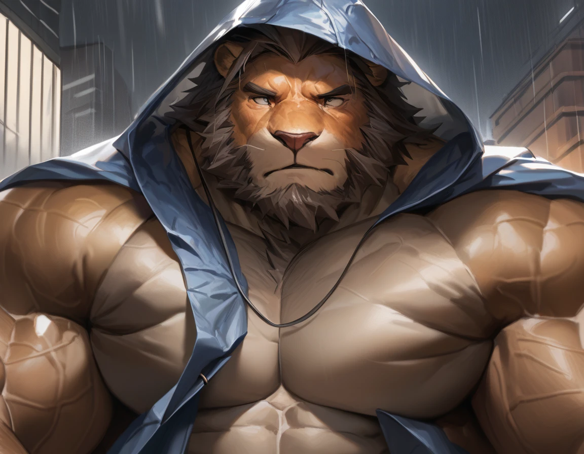 by_lindong, digital art, masterpiece, solo, 1boy, 1man, Huge muscular lion, rainy, rain, raincoat, old, bearded, urban city, sad, sad expression:1.2, focus eyes, detailed ,detailed muscle, background, masterpiece, semirealistic:1.2, high detailed, 8k, high resolution