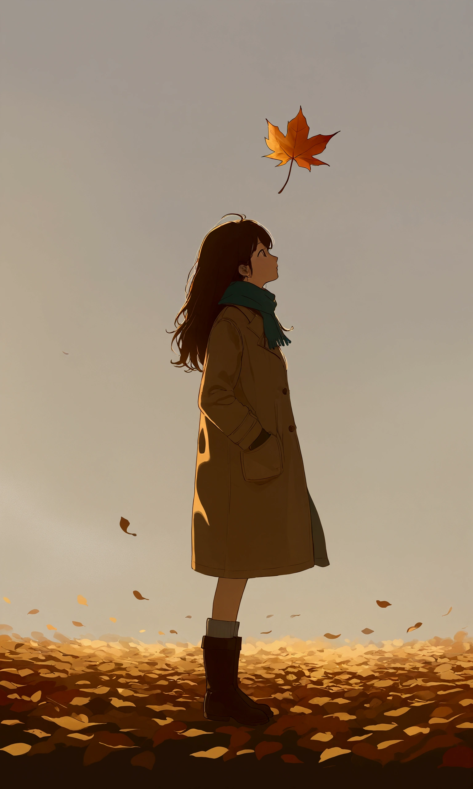 (autumn colored soft layer),(solo),1girl\(long brown hair, cute, autumnal attire, scarf, coat, boots, pinching leaves\(which are shining golden through the sunlight),full body,looking away\\),(from side:1.5), long shot, (simple minimalism white background:1.5), BREAK ,quality\(masterpiece, best quality,8k,wallpaper of extremely detailed CG unit, high resolution, top-quality, top-quality real texture skin, hyper realistic, increase the resolution, RAW photos, best quality, highly detailed, the wallpaper,golden ratio,high saturation realism, vibrant colors, dramatic lighting, persuasive storytelling, atmospheric scenery, captivating visuals, intricate details, strong emotions,dreamlike world\),