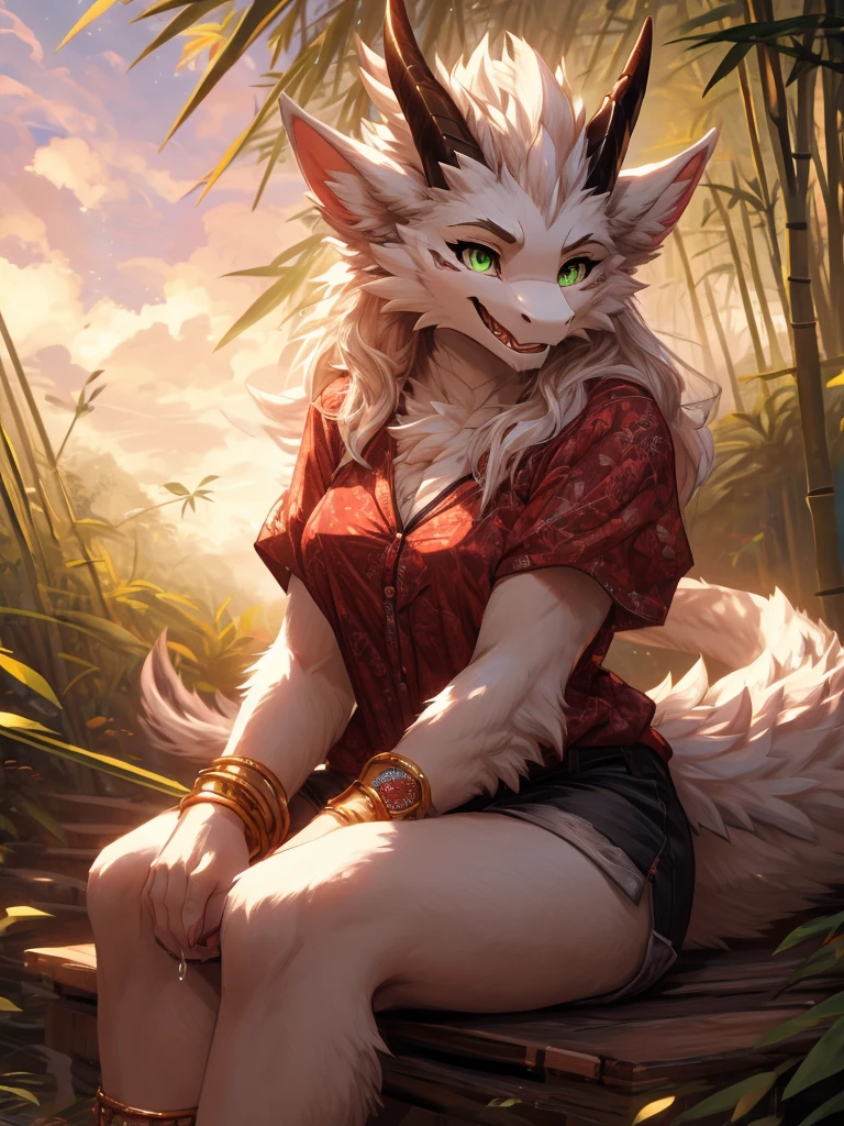 ((best quality, masterpiece, perfect anatomy, detailed picture)), furry, 1female, , two tone fur, black body, grey fur, sexy, long white hair, ponytail hair, fluffy feline tail, yellow sclera, tribal tattoo, ear rings, red blushing, shy, in the ruins, portrait, illustration, eclipse landscape add_detail
