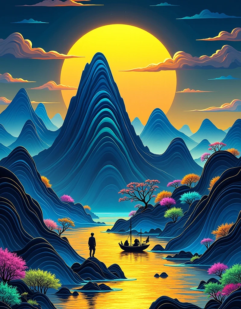 Dark Night Magic，James Turrell,Nick Veasey,Towering（Gilded，Dark Blue，Ink Black色）Mountain，透明张家界Mountain，Ni Chuanjing，Extreme composition，Perfect composition，Very fine golden sand，Flowing fabric style，Mountains in the distance，Tiny crane and boat，Warm sun，Gilded，Dark Blue，Ink Black，Texture Matte，Artistic ink painting，Chen Jialing，High saturation color，Immerse yourself in the three-dimensional landscape like the Thousand Miles of Rivers and Mountains，Incorporating cyberpunk-style colors，Fluorescent colors，Cinematic Lenses，Master Composition, 1ltss1