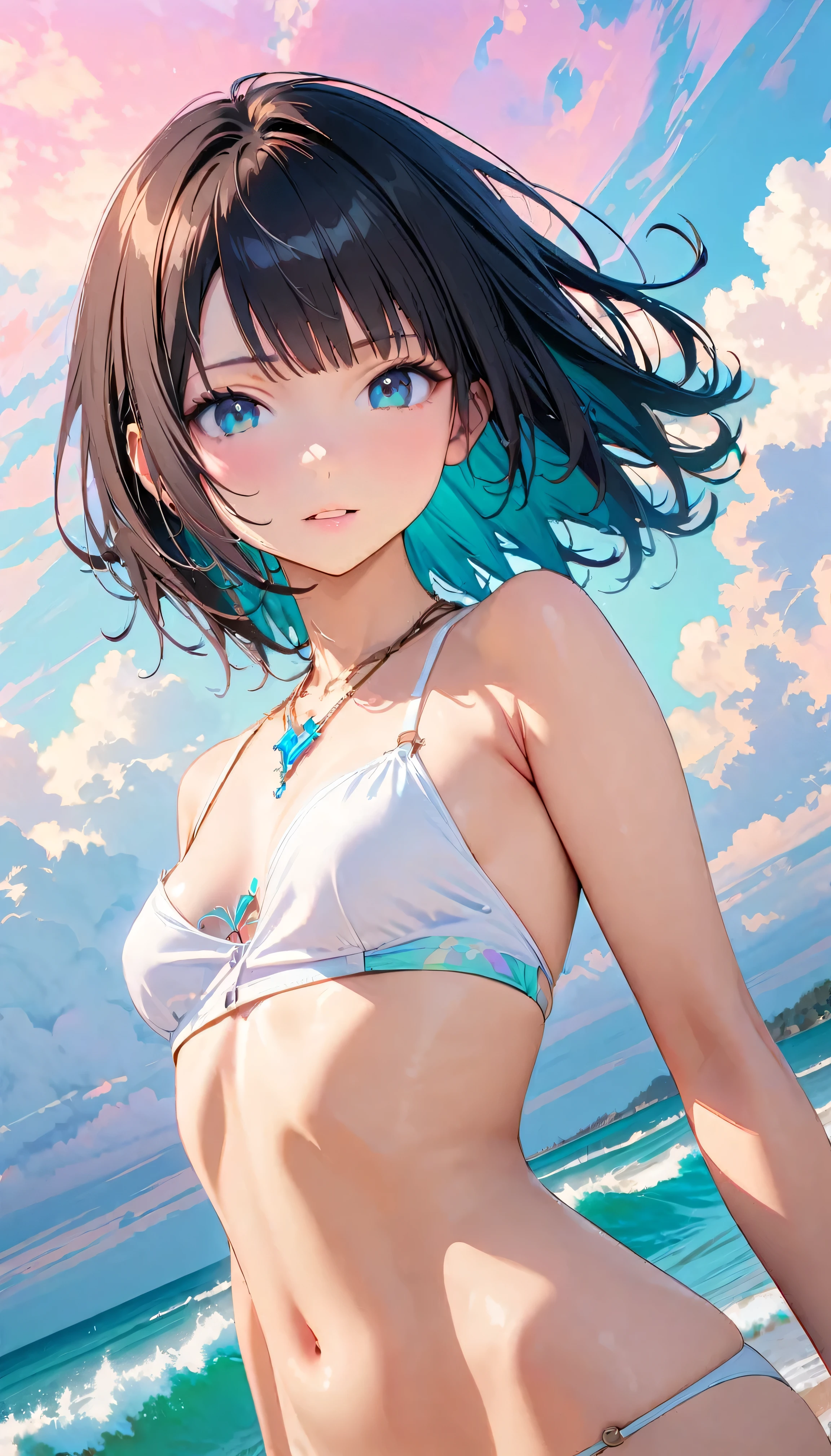 Best Quality, Very detailed, High resolution, Vibrant, masterpiece, Best Quality, Best aesthetics, One Woman, Super Fine, 8k, Very detailed, Beautiful Goddess, Pastel colored clouds, Pop Art, Delicate and dynamic, Pastel Color Fantasy, Black Hair, official art, Dynamic Angle, Small breasts