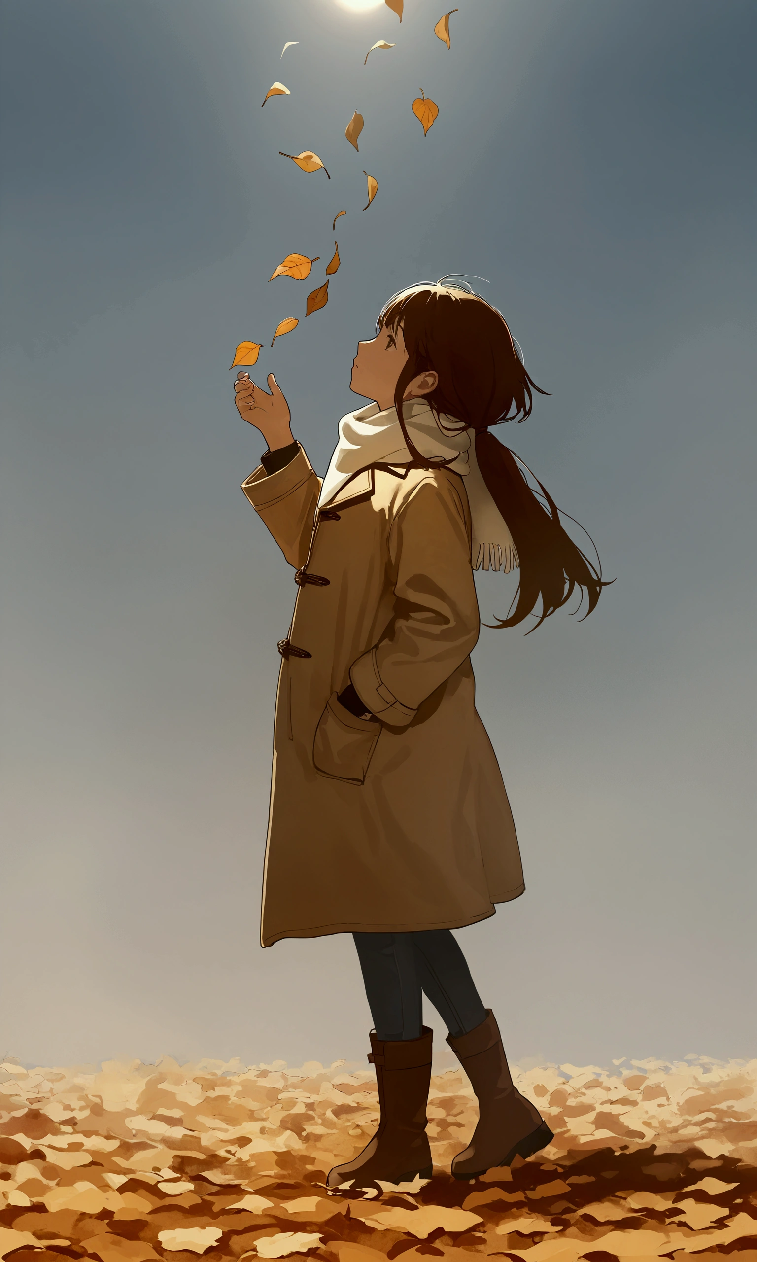 (autumn colored soft layer),(solo),1girl\(long brown hair, cute, autumnal attire, scarf, coat, boots, pinching leaves\(which are shining golden through the sunlight),full body,looking away\\),(from side:1.5), long shot, (simple minimalism white background:1.5), BREAK ,quality\(masterpiece, best quality,8k,wallpaper of extremely detailed CG unit, high resolution, top-quality, top-quality real texture skin, hyper realistic, increase the resolution, RAW photos, best quality, highly detailed, the wallpaper,golden ratio,high saturation realism, vibrant colors, dramatic lighting, persuasive storytelling, atmospheric scenery, captivating visuals, intricate details, strong emotions,dreamlike world\),