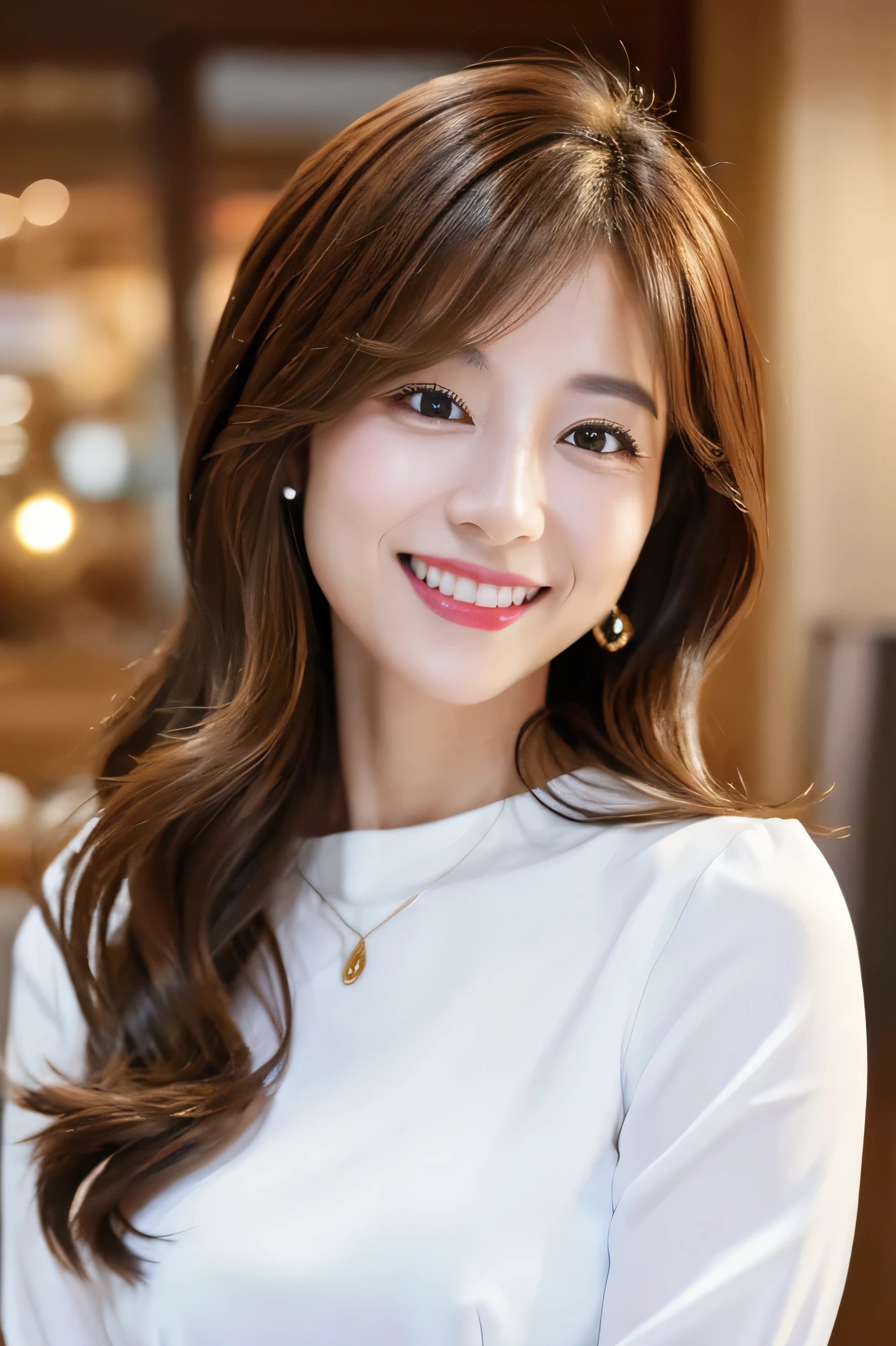 (detailed skin:1.2),(shiny skin:1.1),8k,best quality, masterpiece, ultra high res,(fair skin:1.2), Long sleeve blouse、Light brown hair、hairstyle semi long、Ear piercing、Necklace around the neck、smile、Beautiful teeth alignment、Pier at night