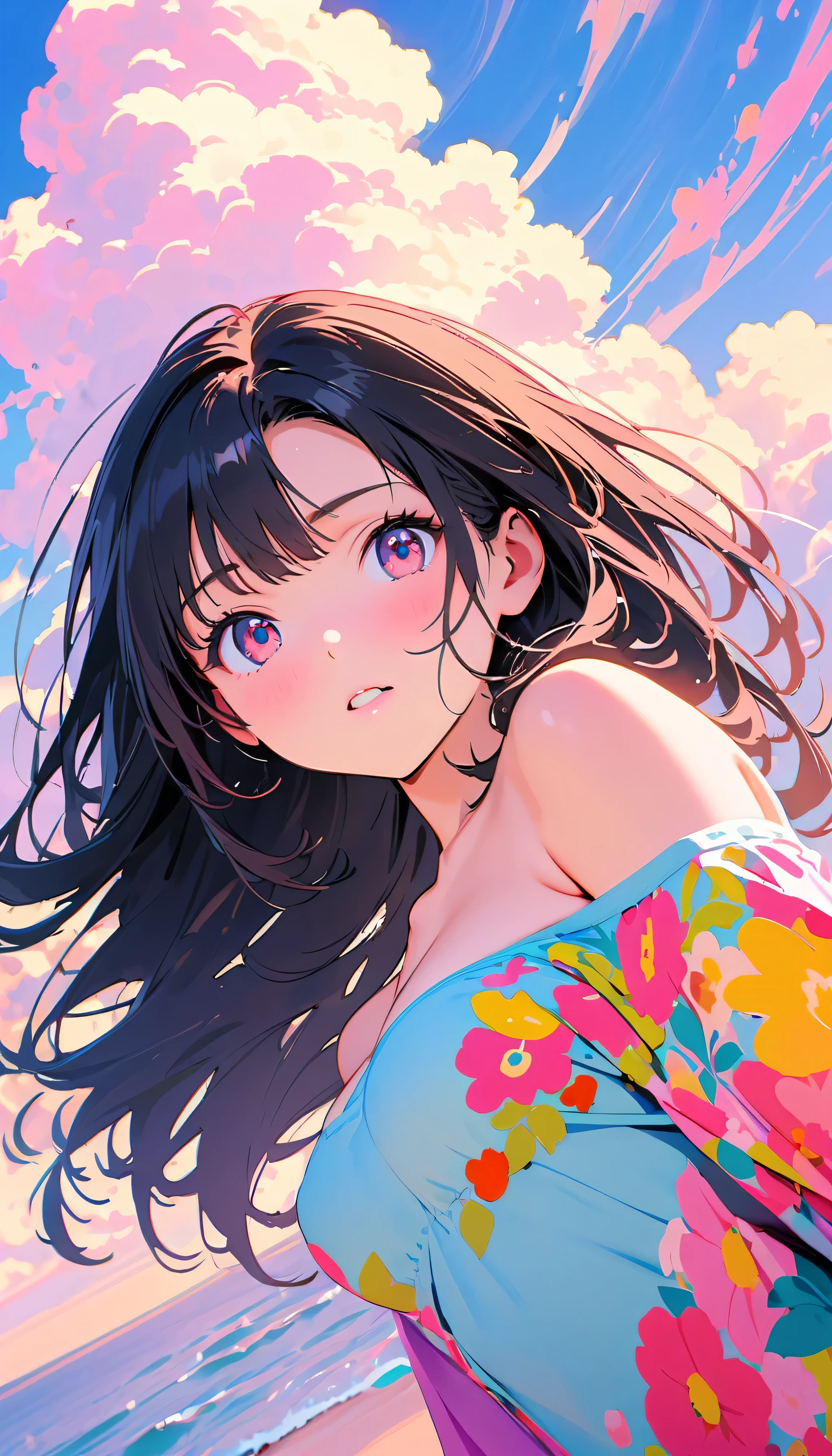 Best Quality, Very detailed, High resolution, Vibrant, masterpiece, Best Quality, Best aesthetics, One Woman, Super Fine, 8k, Very detailed, Beautiful Goddess, Pastel colored clouds, Pop Art, Delicate and dynamic, Pastel Color Fantasy, Black Hair, official art, Dynamic Angle