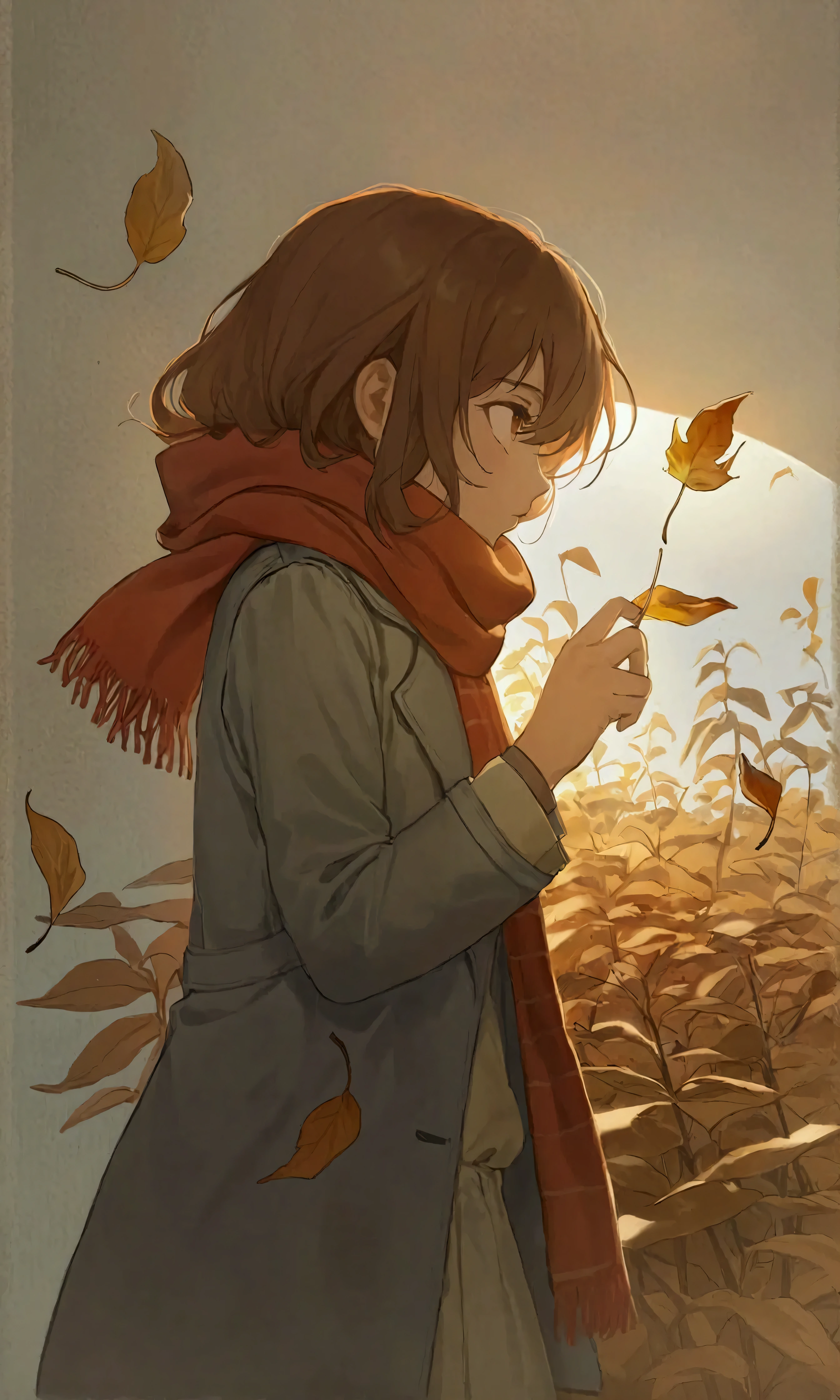 (autumn colored soft layer),(solo),1girl\(long brown hair, cute, autumnal attire, scarf, coat, boots, pinching leaves\(which are shining golden through the sunlight),full body,looking away\\),(from side:1.5), long shot, (simple minimalism white background:1.5), BREAK ,quality\(masterpiece, best quality,8k,wallpaper of extremely detailed CG unit, high resolution, top-quality, top-quality real texture skin, hyper realistic, increase the resolution, RAW photos, best quality, highly detailed, the wallpaper,golden ratio,high saturation realism, vibrant colors, dramatic lighting, persuasive storytelling, atmospheric scenery, captivating visuals, intricate details, strong emotions,dreamlike world\),