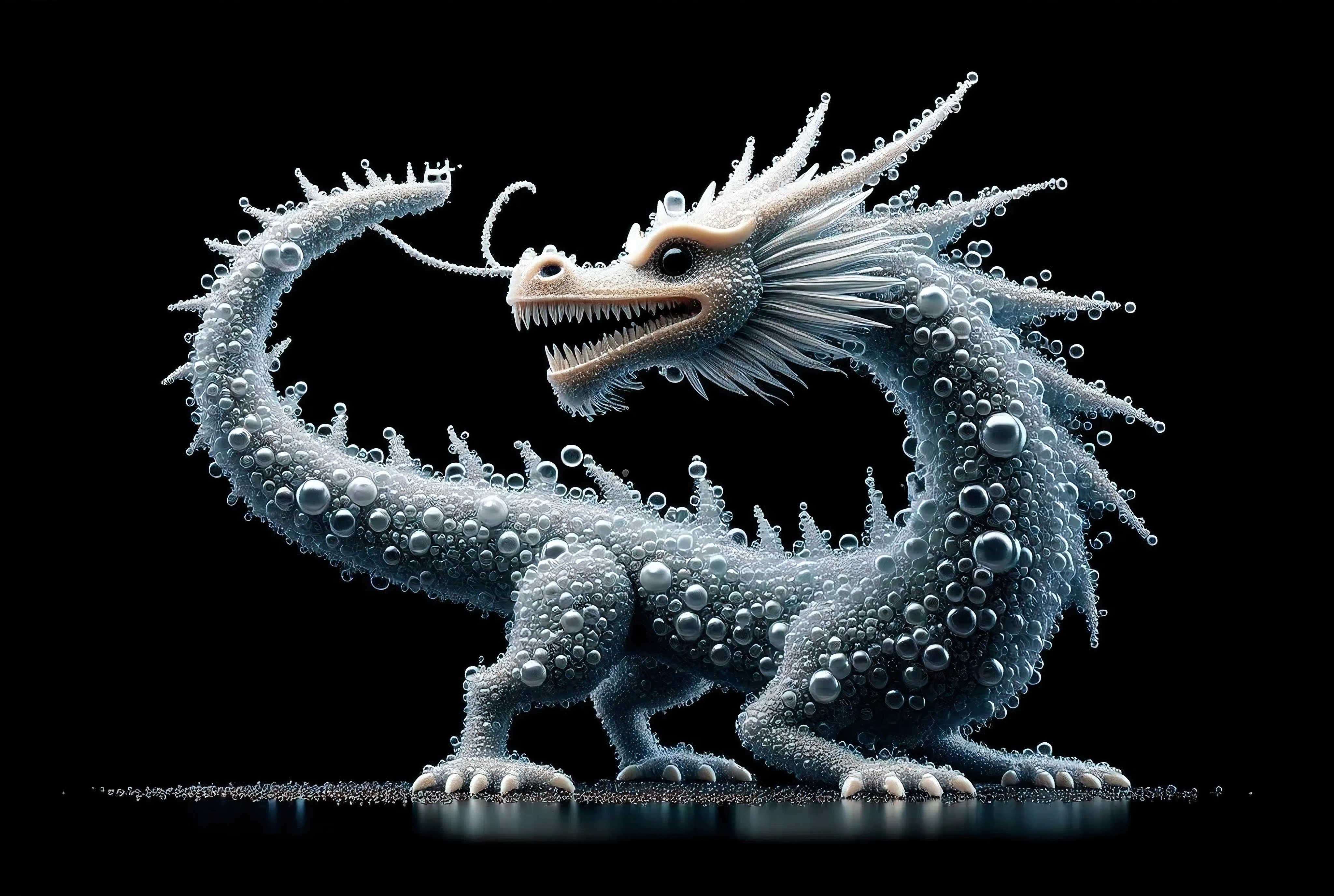 A bubbl3dr4g0n style highly detailed CGI rendering of a fantastical dragon-like creature set against a pitch-black background. The dragon is primarily composed of numerous small, translucent bubbles, giving it a ghostly, ethereal appearance. Its body is elongated, with a sinuous, undulating form that suggests movement. The creature's head is prominently featured, showcasing a wide, open mouth filled with sharp, pointed teeth, and two large, black eyes that glow with a faint, eerie light. The head is adorned with numerous bubbles that resemble flowing hair or a mane, adding to the mystical ambiance. The dragon's body is covered in a dense layer of bubbles, creating a texture that is both smooth and slightly bumpy, as if the creature is made of a viscous, semi-transparent liquid. The bubbles vary in size, with larger ones clustered around the dragon's torso and smaller ones forming a trail along its tail. The lighting in the image is soft and diffused, casting a subtle glow that highlights the dragon's form and the intricate details of the bubbles. The overall style is highly realistic yet fantastical, blending elements of science fiction and fantasy into a visually striking and hauntingly beautiful composition.