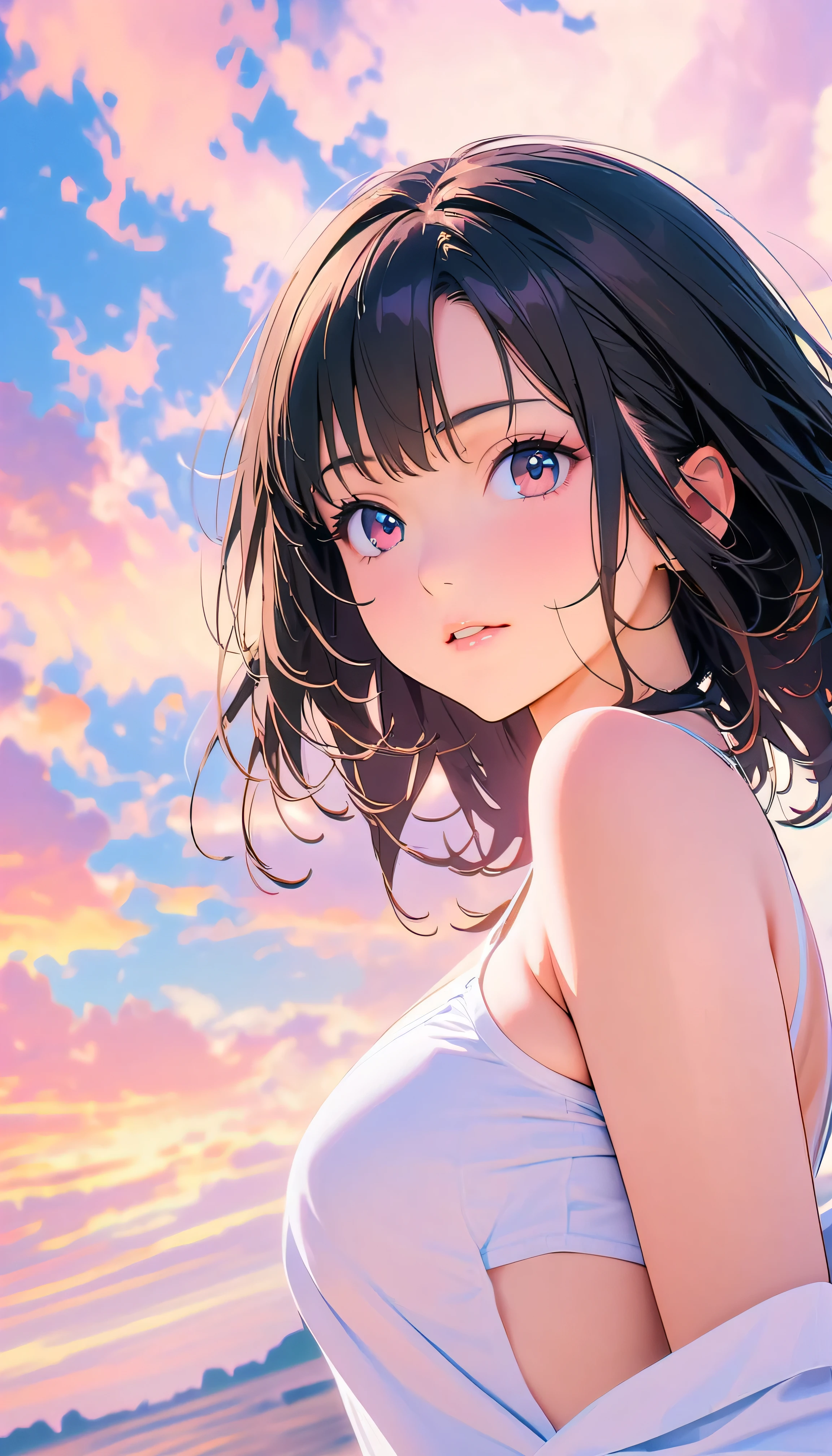 Best Quality, Very detailed, High resolution, Vibrant, masterpiece, Best Quality, Best aesthetics, One Woman, Super Fine, 8k, Very detailed, Beautiful Goddess, Pastel colored clouds, Pop Art, Delicate and dynamic, Pastel Color Fantasy, Black Hair, official art, Dynamic Angle