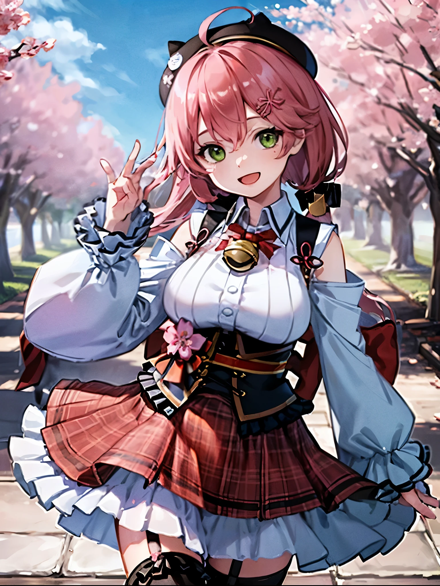 masutepiece, Best_Quality, hight_resolution, miko2,Ponytail, 1girl, Ahoge, black headwear, Hair Ornament, White shirt, black thighhighs, Pink hair, Red_skirt, very_short_skirt, plaid skirts, garter_strap, Collared shirt, hair clips, frilld, Bangs, hair between eye, frills skirt, beret, Pleated skirt, Hair Flower, Neck bell, , puffy long sleeves, Black bow, Underbust, Smile, (large_breasts:1.3),covered_nipples, green_eyes, happy, dynamic_angle,apart_legs,(big_smile:1.2),plump,open_mouth,shout,half_eyes,cherryblossom_park_landscape_background,
