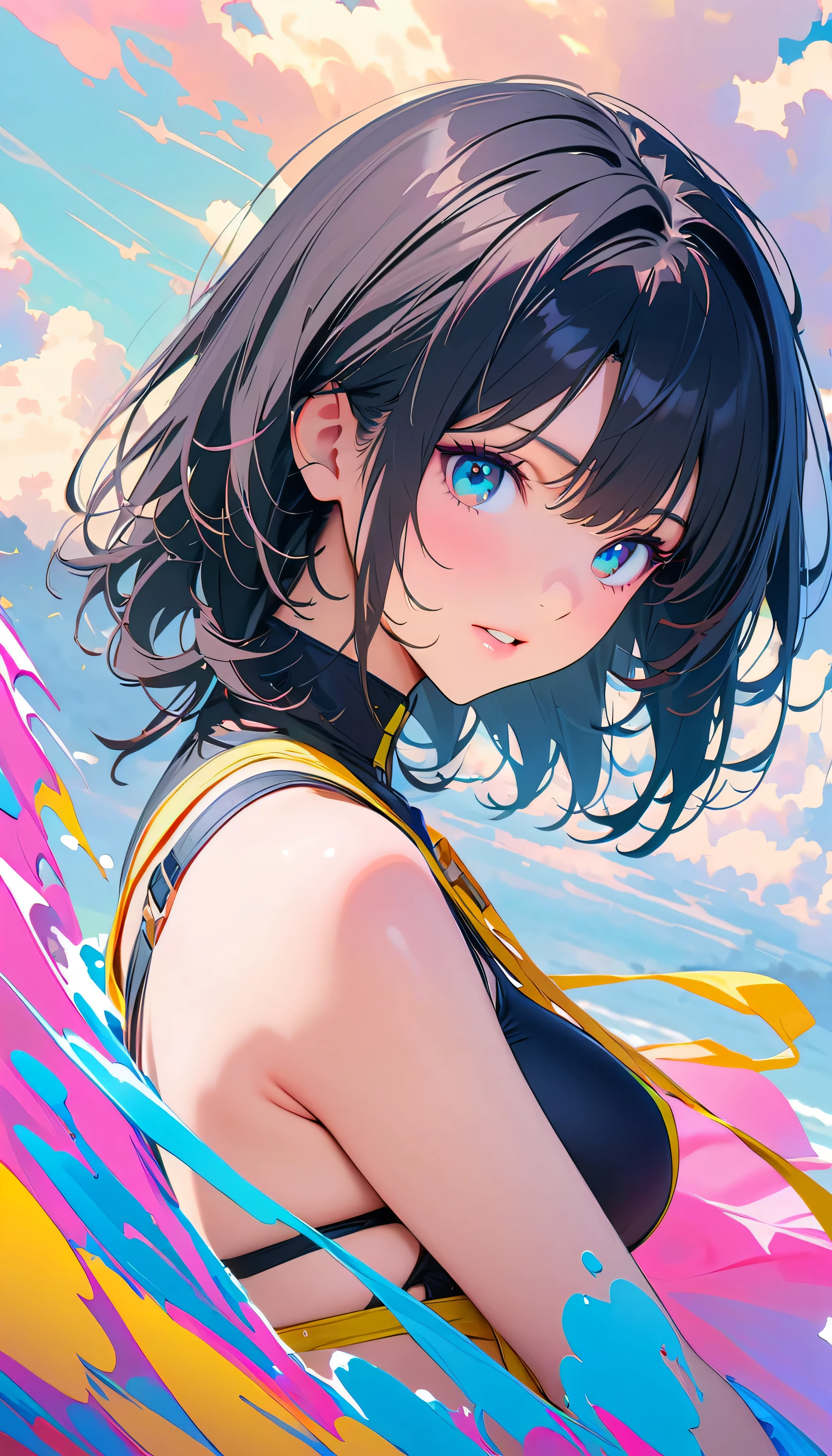 Best Quality, Very detailed, High resolution, Vibrant, masterpiece, Best Quality, Best aesthetics, One Woman, Super Fine, 8k, Very detailed, Beautiful Goddess, Pastel colored clouds, Pop Art, Delicate and dynamic, Pastel Color Fantasy, Black Hair, official art, Dynamic Angle