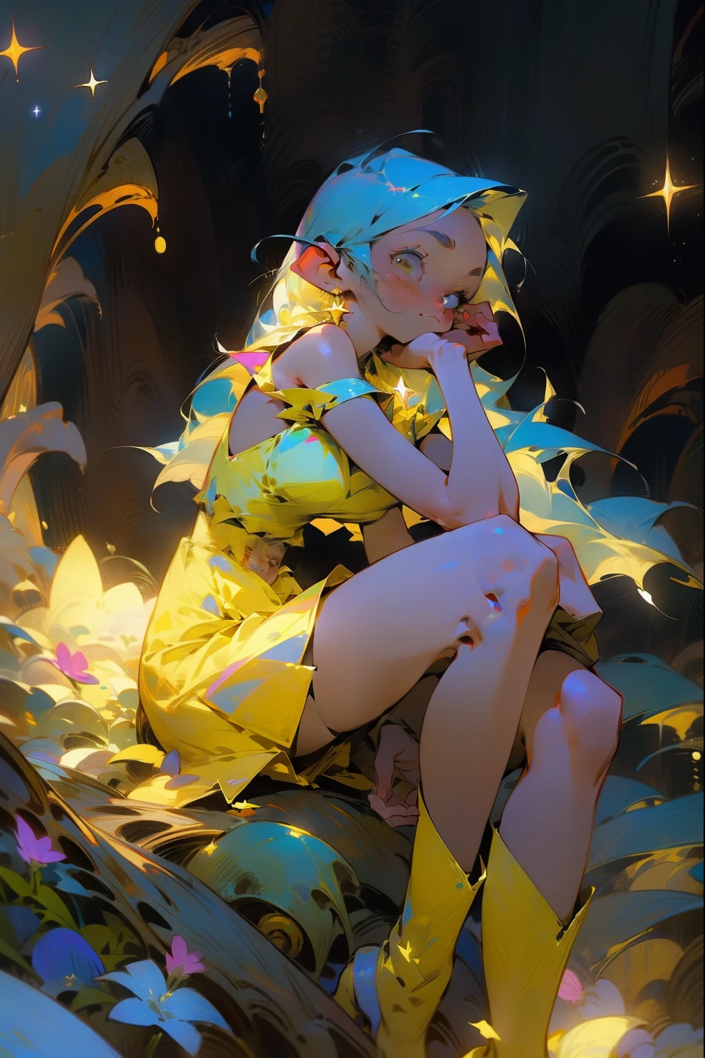 One Girl、One girl,Expressionless、Fantastic look、Fairy, Pointed Ears, masterpiece, Best Quality, High resolution,, One girl, Alone, Blue Hair, Yellow Bandana, Long Hair , Thigh-high boots、Yellow dress、Yellow Skirt, Dark Background, starlight, star,starをすくう、手のひらでstarを救い上げる、Thighs、sit proudly、Lift your legs、Crossing your legs。