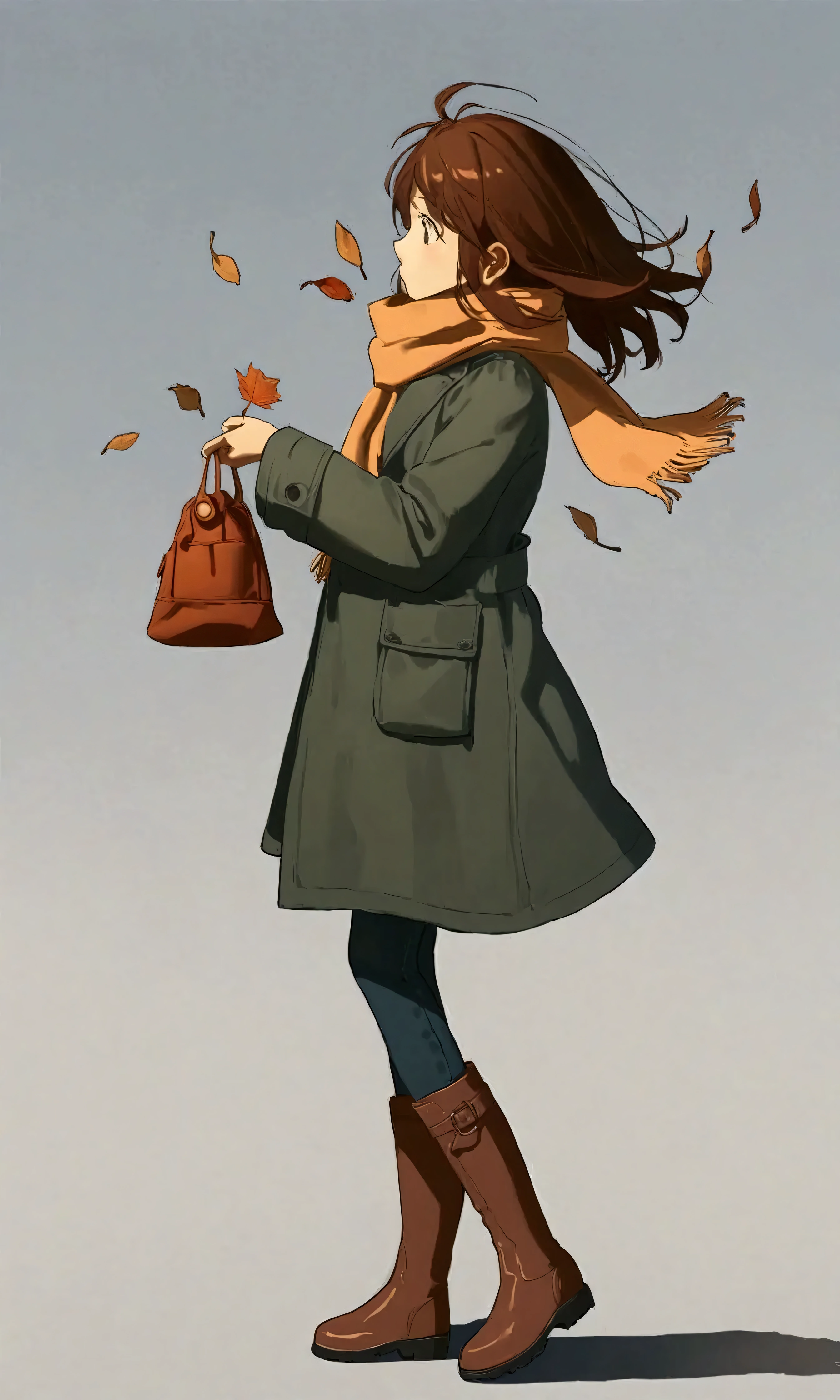 
(autumn colored soft layer),(solo),1girl\(long brown hair, cute, autumnal attire, scarf, coat, boots, pinching leaves\(which are shining golden through the sunlight),full body,looking away\\),(from side:1.5), long shot, (simple minimalism white background:1.5), BREAK ,quality\(masterpiece, best quality,8k,wallpaper of extremely detailed CG unit, high resolution, top-quality, top-quality real texture skin, hyper realistic, increase the resolution, RAW photos, best quality, highly detailed, the wallpaper,golden ratio,high saturation realism, vibrant colors, dramatic lighting, persuasive storytelling, atmospheric scenery, captivating visuals, intricate details, strong emotions,dreamlike world\),
