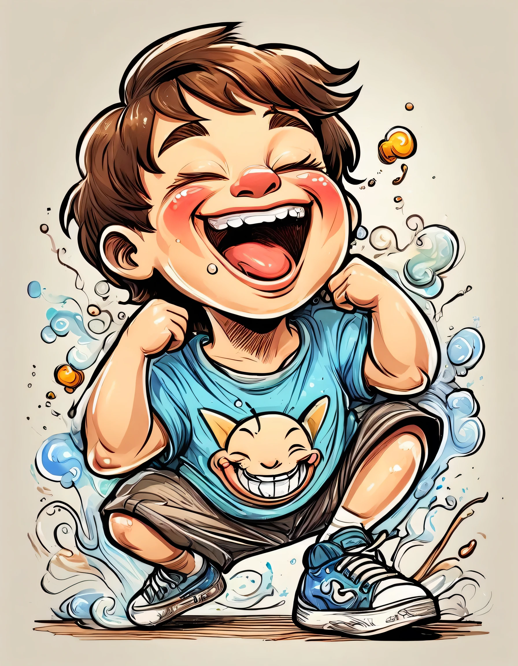 Sketch illustration of a boy laughing too much, laughing so stupidly that it brings tears to his eyes, laughing with his belly, T-shirt, sweatpants. Sneakers, inspired by Picasso and da Vinci, caricatures, cartoons, transparent watercolor coloring, masterpieces