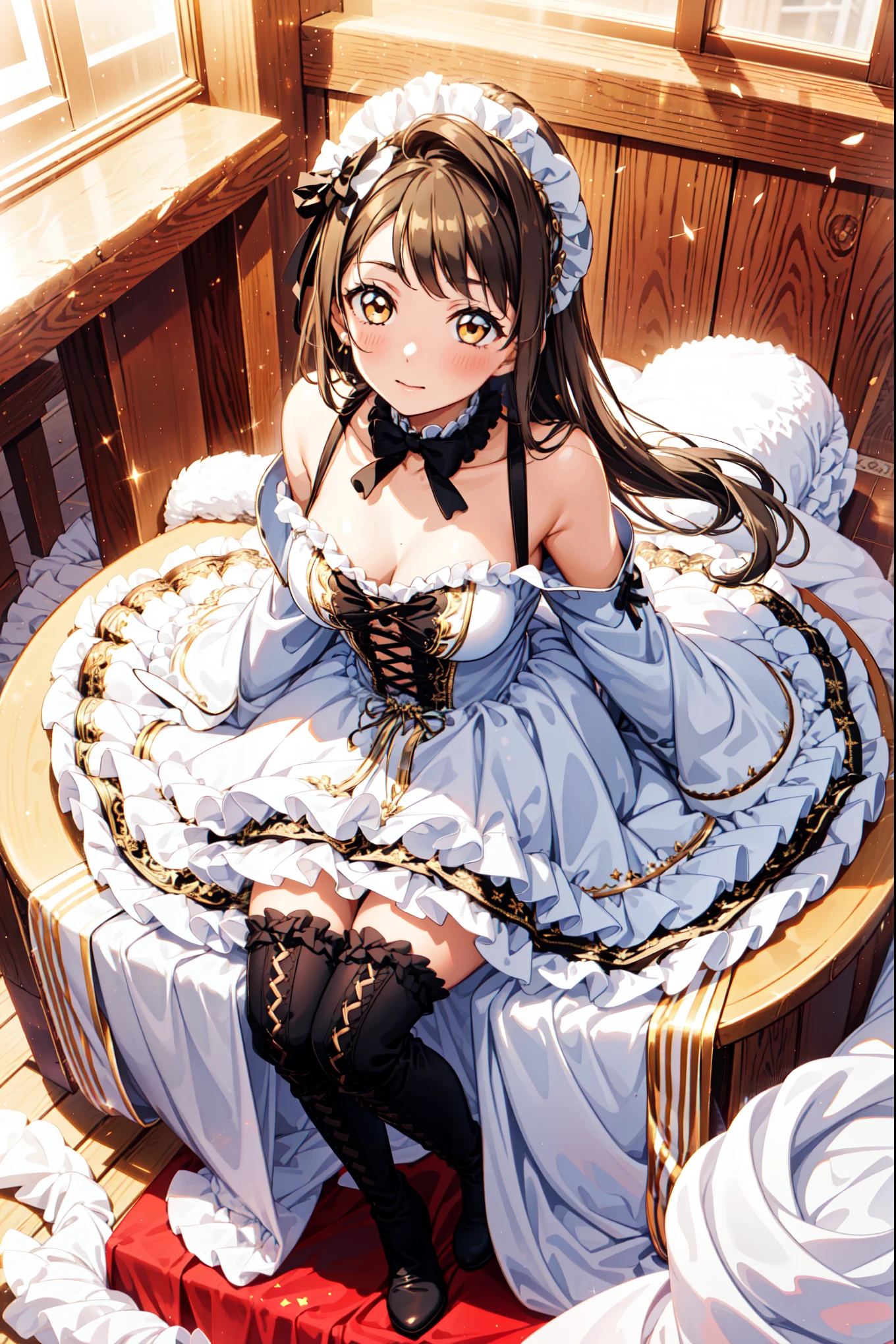 Girl，Attractions，have fun，in love，(Wearing a gorgeous dress with laser patterns，Wear suspender boots:1.2)，Brown hair，Golden Eyes，in love，(Black Ruffle Bow Gloves)，White hair，Sacred headdress，Transparent lace，Exquisite clothing，European bedroom，(night:1.1)，Slender and beautiful face