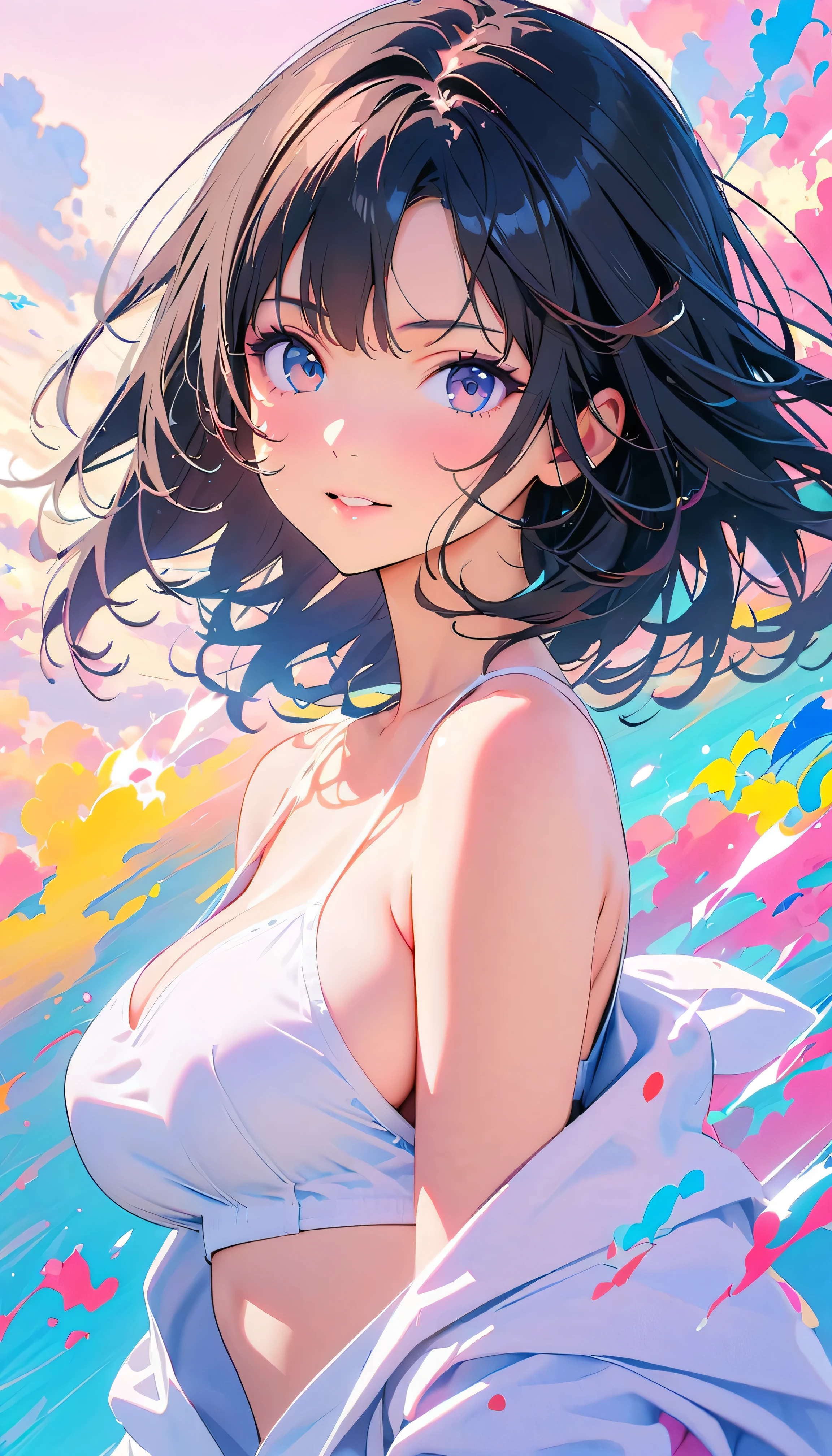 Best Quality, Very detailed, High resolution, Vibrant, masterpiece, Best Quality, Best aesthetics, One Woman, Super Fine, 8k, Very detailed, Beautiful Goddess, Pastel colored clouds, Pop Art, Delicate and dynamic, Pastel Color Fantasy, Black Hair, official art, Dynamic Angle