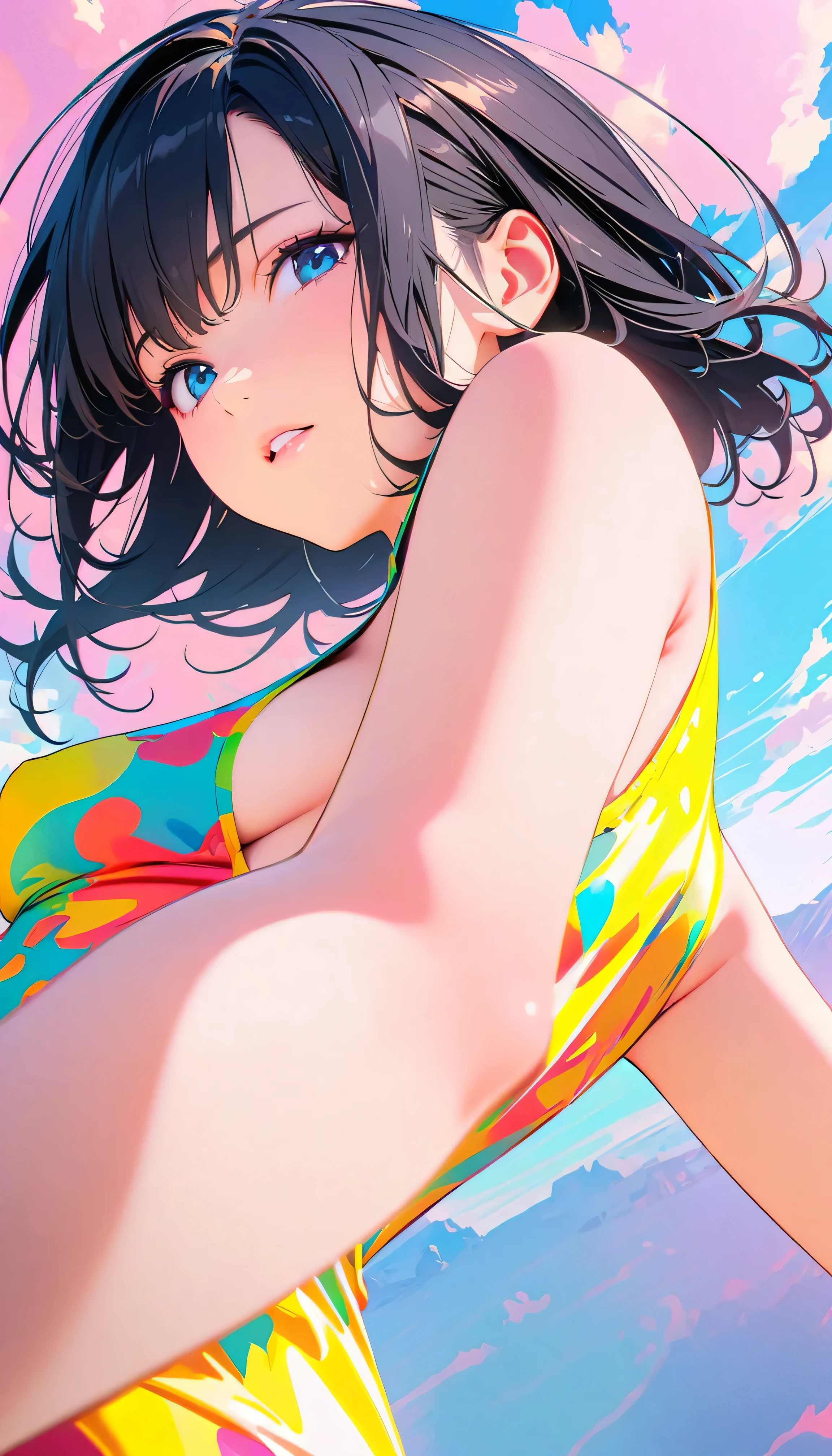 Best Quality, Very detailed, High resolution, Vibrant, masterpiece, Best Quality, Best aesthetics, One Woman, Super Fine, 8k, Very detailed, Beautiful Goddess, Pastel colored clouds, Pop Art, Delicate and dynamic, Pastel Color Fantasy, Black Hair, official art, Dynamic Angle