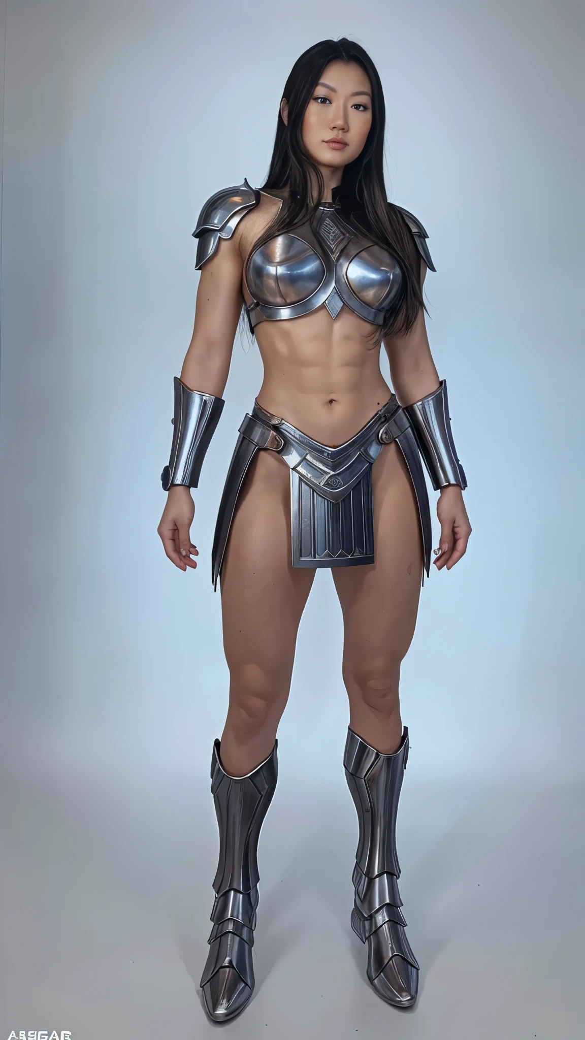 Subject: Valkyrie asian Lady Knight Style: Hyper realistic, epic fantasy digital art Detail: 8k high definition resolution, detailed drawing, superior quality Anatomy: Correct anatomy, muscular body Pose: Full body standing, symmetrical, muscular arms turned behind body Origin: Asgard Additional: 1 girl