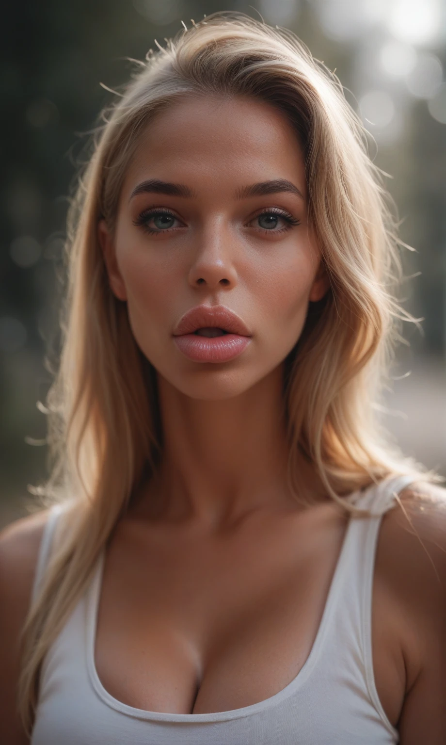 a beautiful blonde woman taking a selfie, elegant pose, golden hour lighting, warm tones, glowing skin, detailed facial features, long eyelashes, full lips, natural makeup, flowing hair, soft shadows, shallow depth of field, high quality digital art, realistic, photorealistic, 8k, detailed, masterpiece