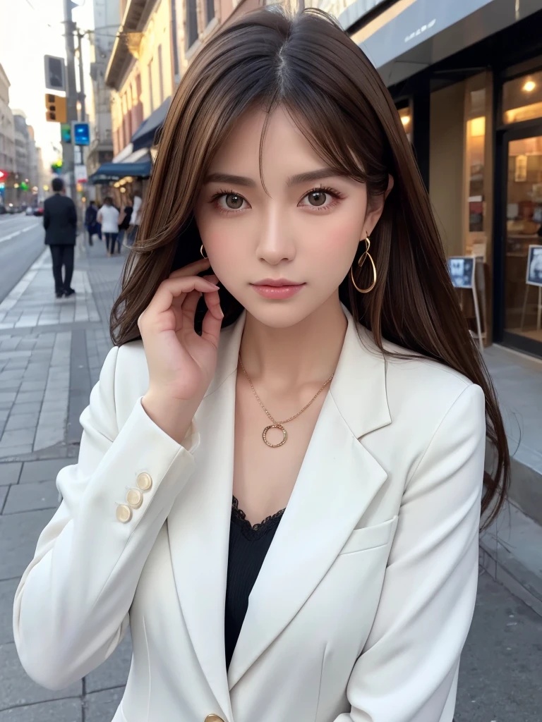 Height: 170cm, 30 years old、Save this image、Pale face and eyes:1.3、薄くてPale face and eyes:1.3, blown eyes:1.3、{highest quality}, {{masterpiece}}, {Very delicate and beautiful}, Extraordinary light and shadow, Highly detailed wallpaper, Sunny and bright, whole body, whole body、 1 girl, , blush:1.2、Messy long hair:1.5、Cut your bangs evenly at eyebrow height:1.5、Dark eyeliner、Thick eyebrows、Strong sunlight:1.3, (Business Fashion、Strict suit)、 Delicate Hair,Realistic skin texture, B cup breasts、Visible wrinkles on the skin., Broad shoulders:1.5, ((A strong light shines on your face:1.5)), Posing with her hair up:1.5, necklace、ring、earrings、(Smiling with teeth showing:1,5)、Street corner cafe interior background:1.5, Sitting with legs crossed on a cafe chair、 Ray Tracing、
