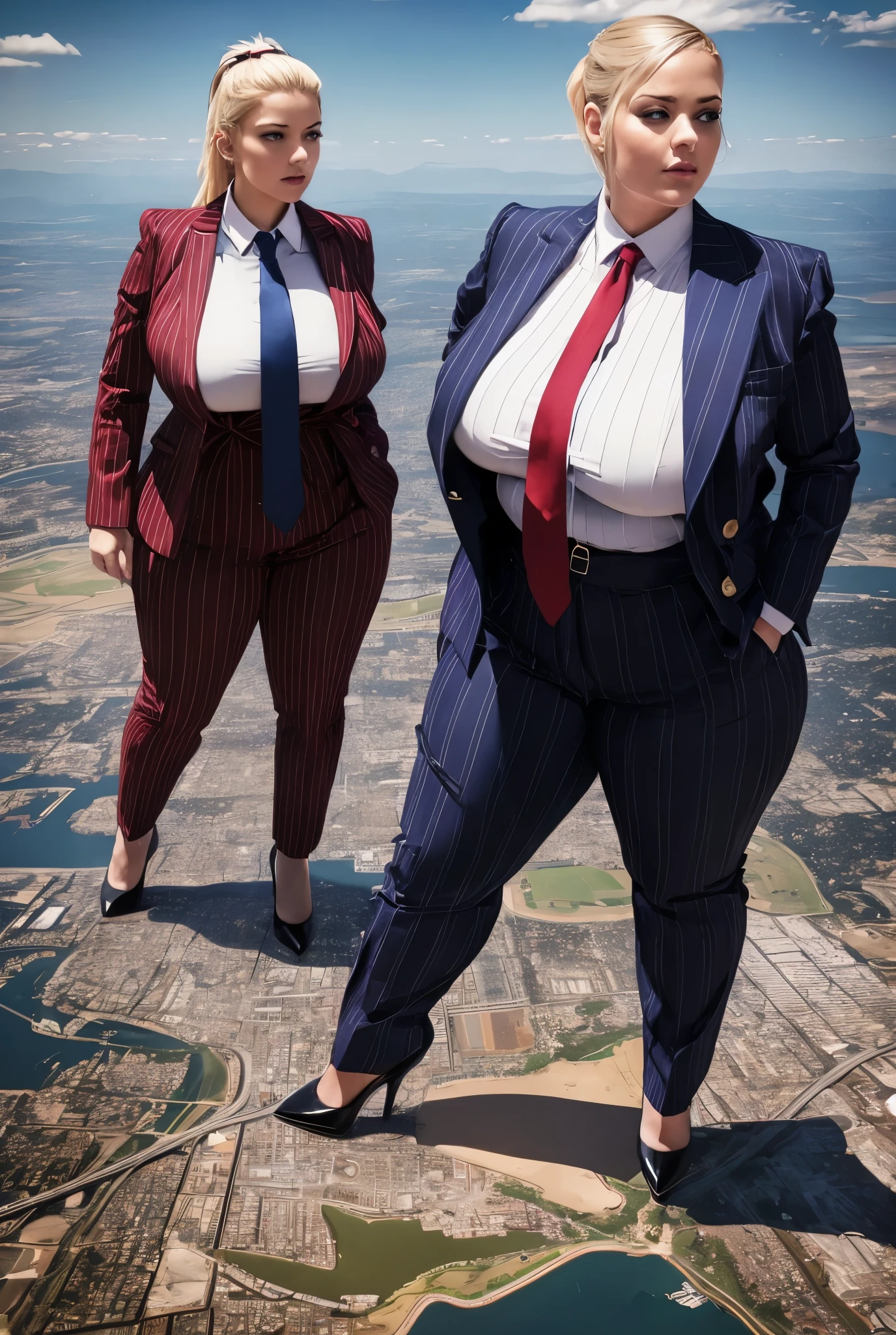 Giantの芸術, 非常に詳細なGiantショット, Giant, short hair, Two high school girls who are much bigger than a skyscraper, Facing each other, wearing rimless glasses, big breasts, big ass, navy blazer, red tie, mini skirt, black pantyhose, pantyhose barefoot, Steam comes out from the soles of the feet, very small metropolis, miniature metropolis, crush the big city, full body description, ＧＴＳ, ギガGiant, stomping city, crash city, small town, micro city, High resolution, highest quality, masterpiece, 
